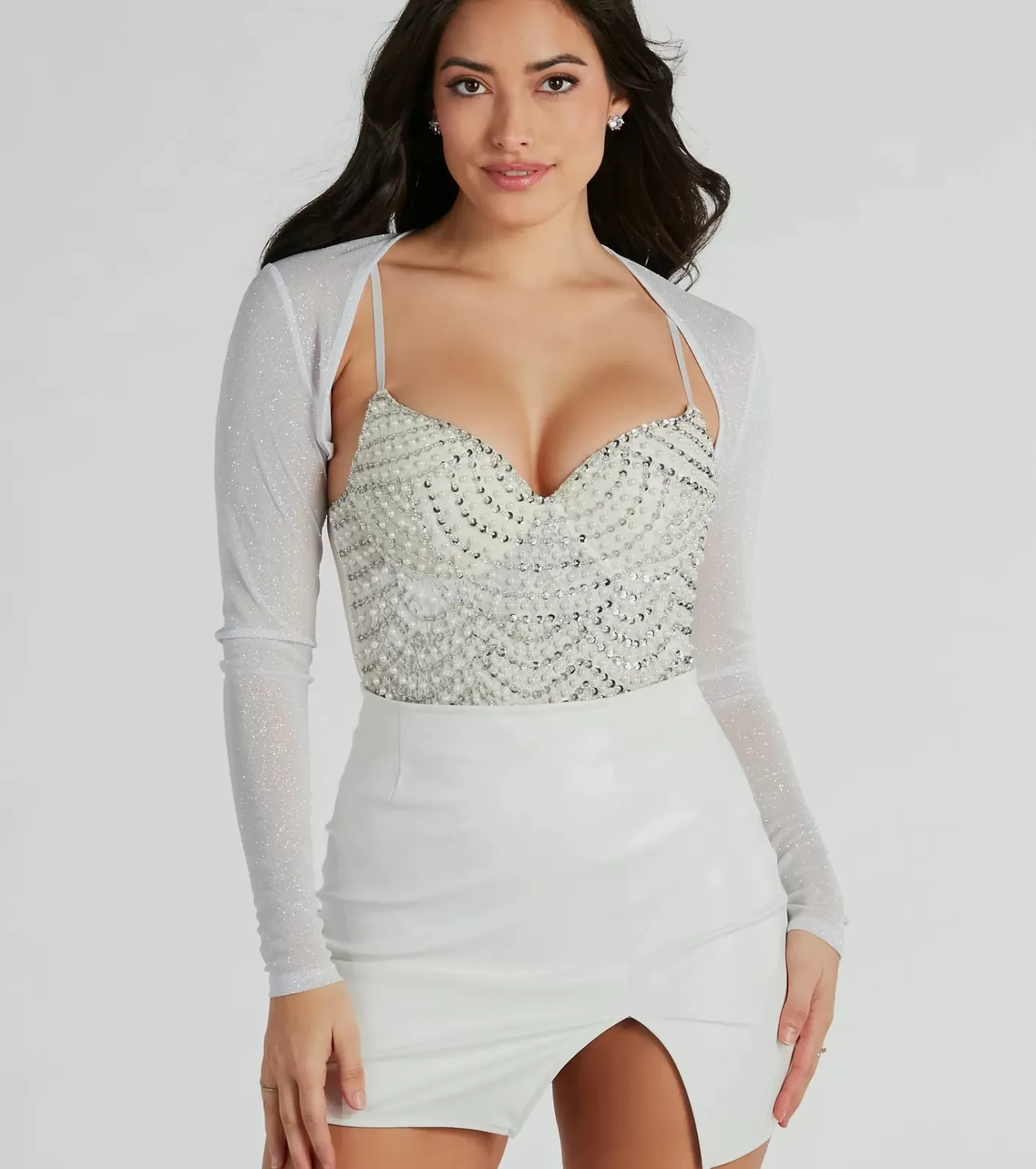 Windsor Party Glow Glitter Mesh Bolero WHITE Hot