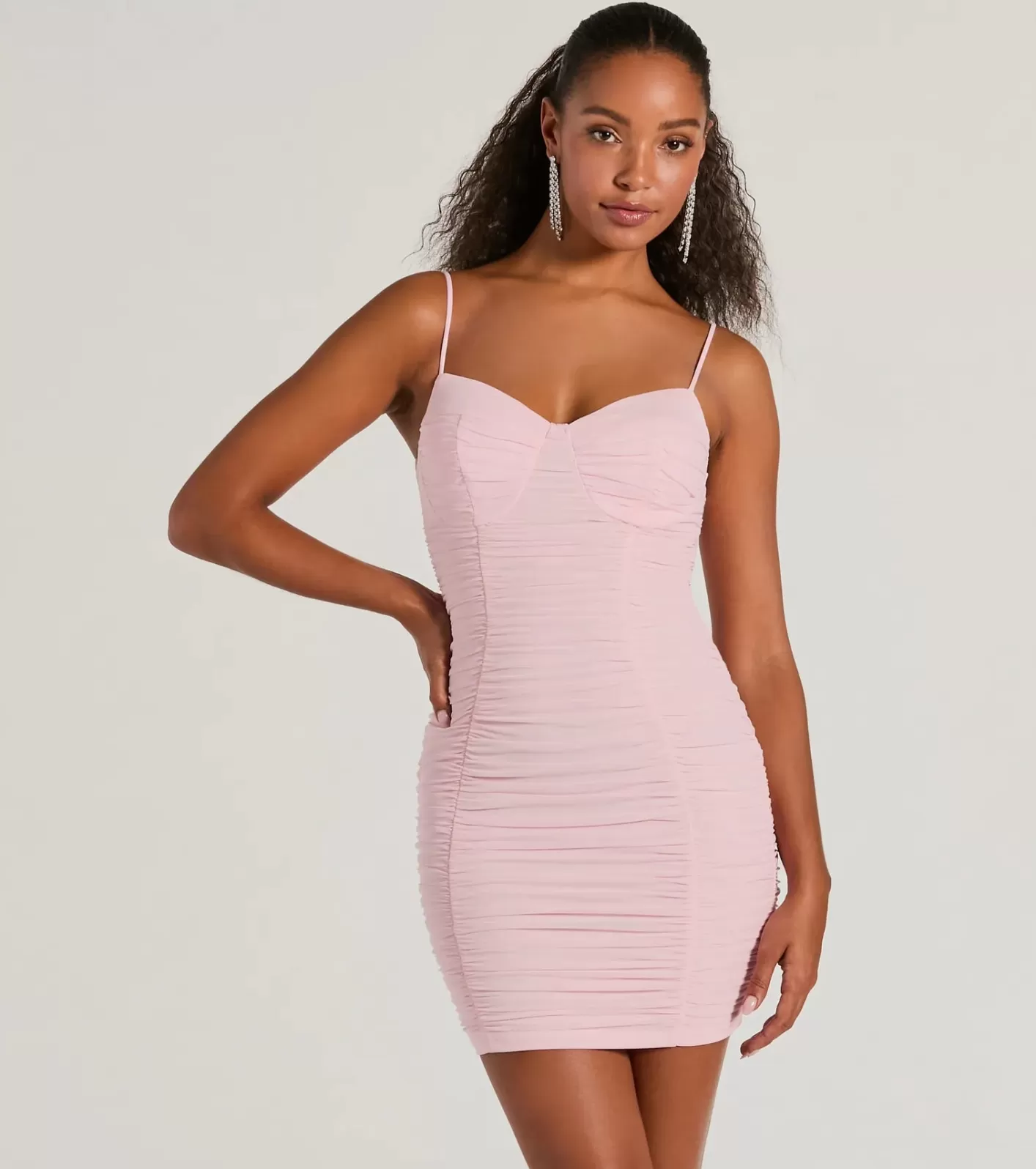 Windsor Party Ready Ruched Mesh Bodycon Mini Dress PINK Hot