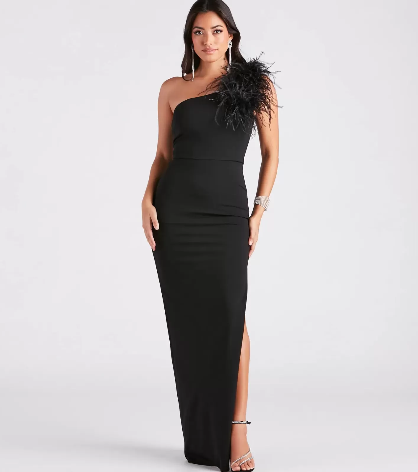 Windsor Patricia Formal Crepe Marabou Long Dress BLACK Shop