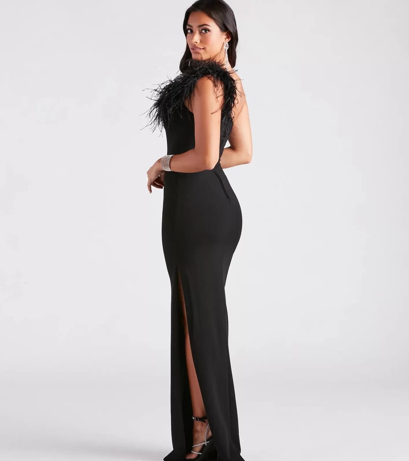 Windsor Patricia Formal Crepe Marabou Long Dress BLACK Shop