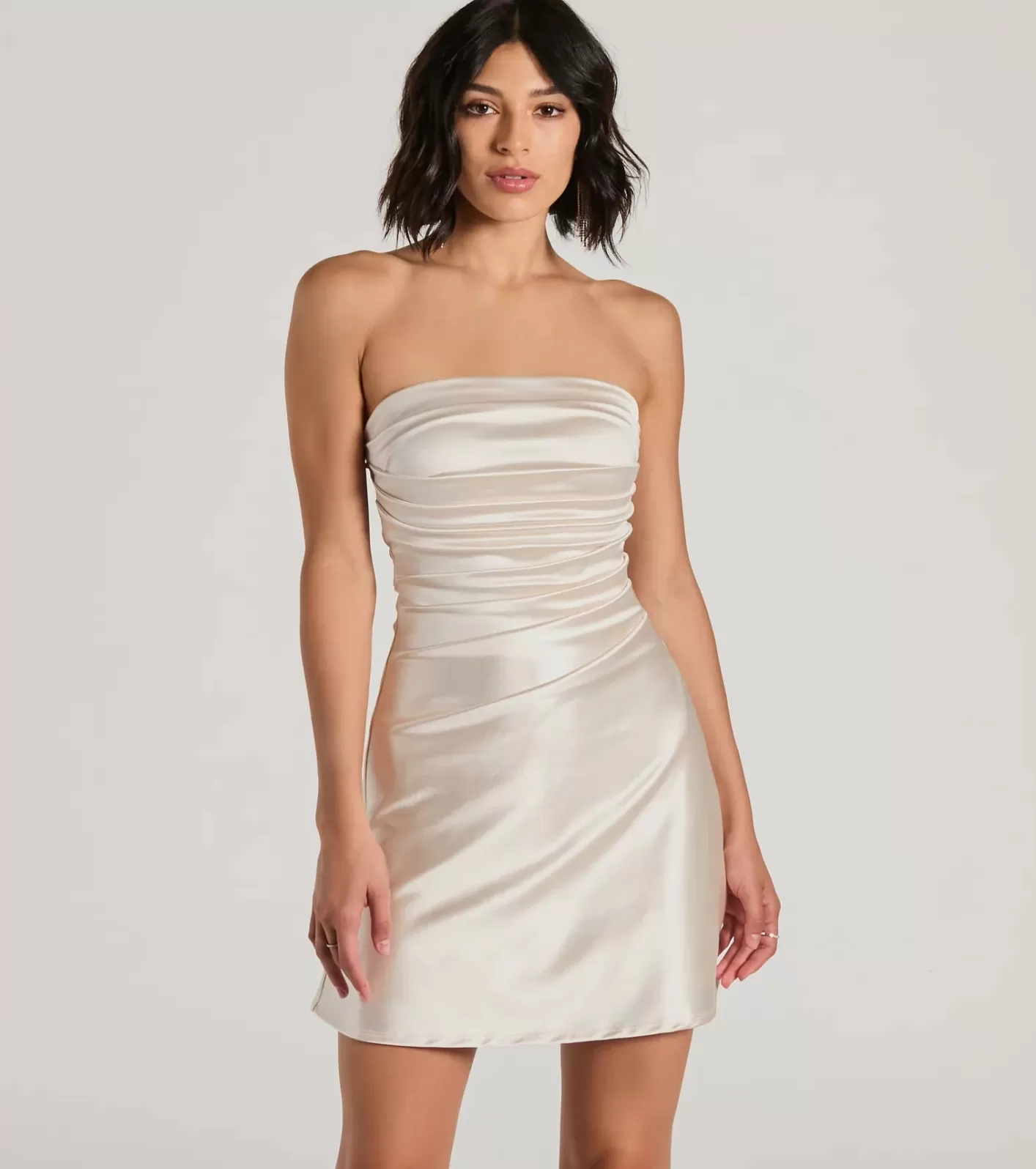 Windsor Perfect Glow Strapless Pleat A-Line Satin Mini Dress GOLD Hot