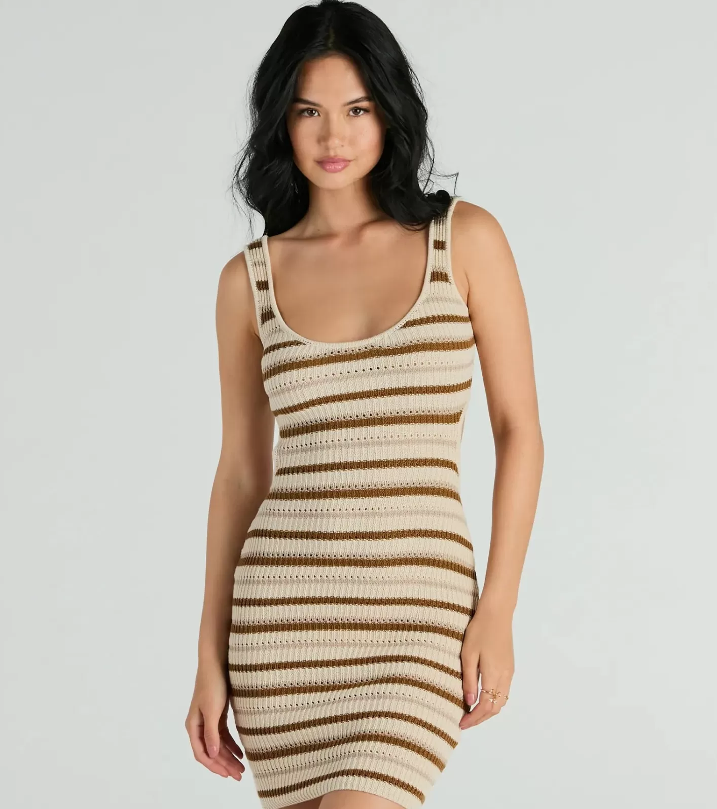 Windsor Perfect Match Sleeveless Striped Ribbed Knit Mini Dress TAN Discount