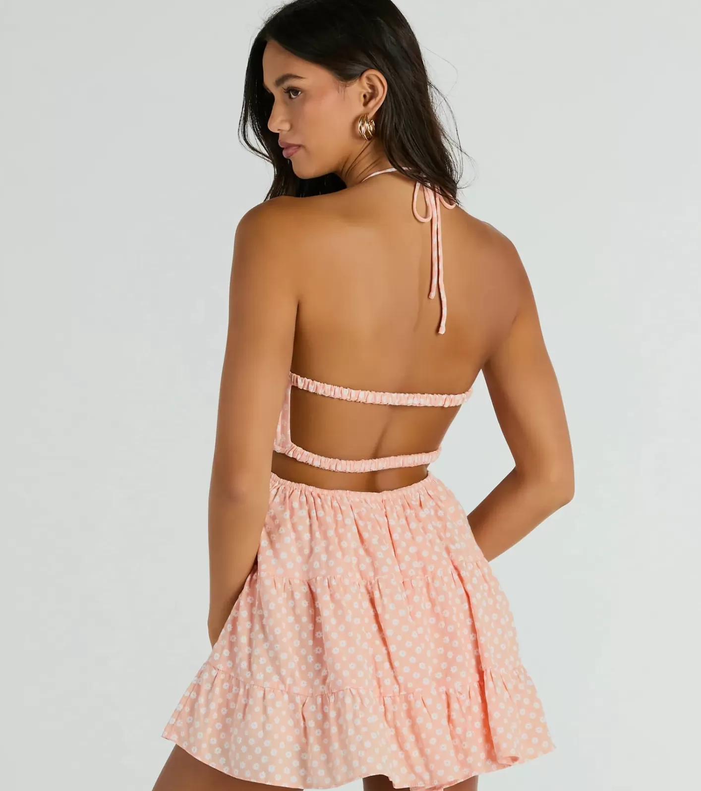 Windsor Picking Flowers Halter Strappy Back Daisy Skater Dress PEACH Cheap
