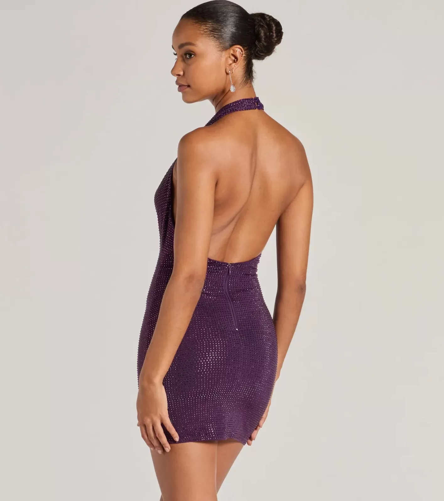 Windsor Piper Halter Bodycon Rhinestone Mini Dress PURPLE Cheap