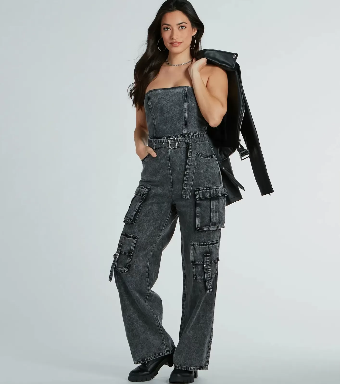 Windsor Pit Stop Strapless Cargo Acid Wide Leg Denim Jumpsuit BLACK Hot