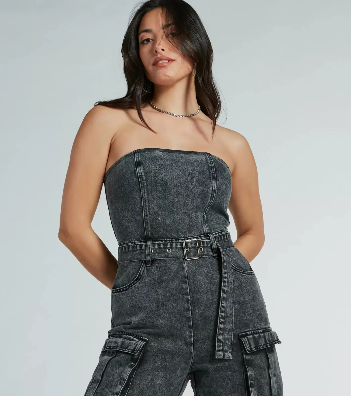 Windsor Pit Stop Strapless Cargo Acid Wide Leg Denim Jumpsuit BLACK Hot