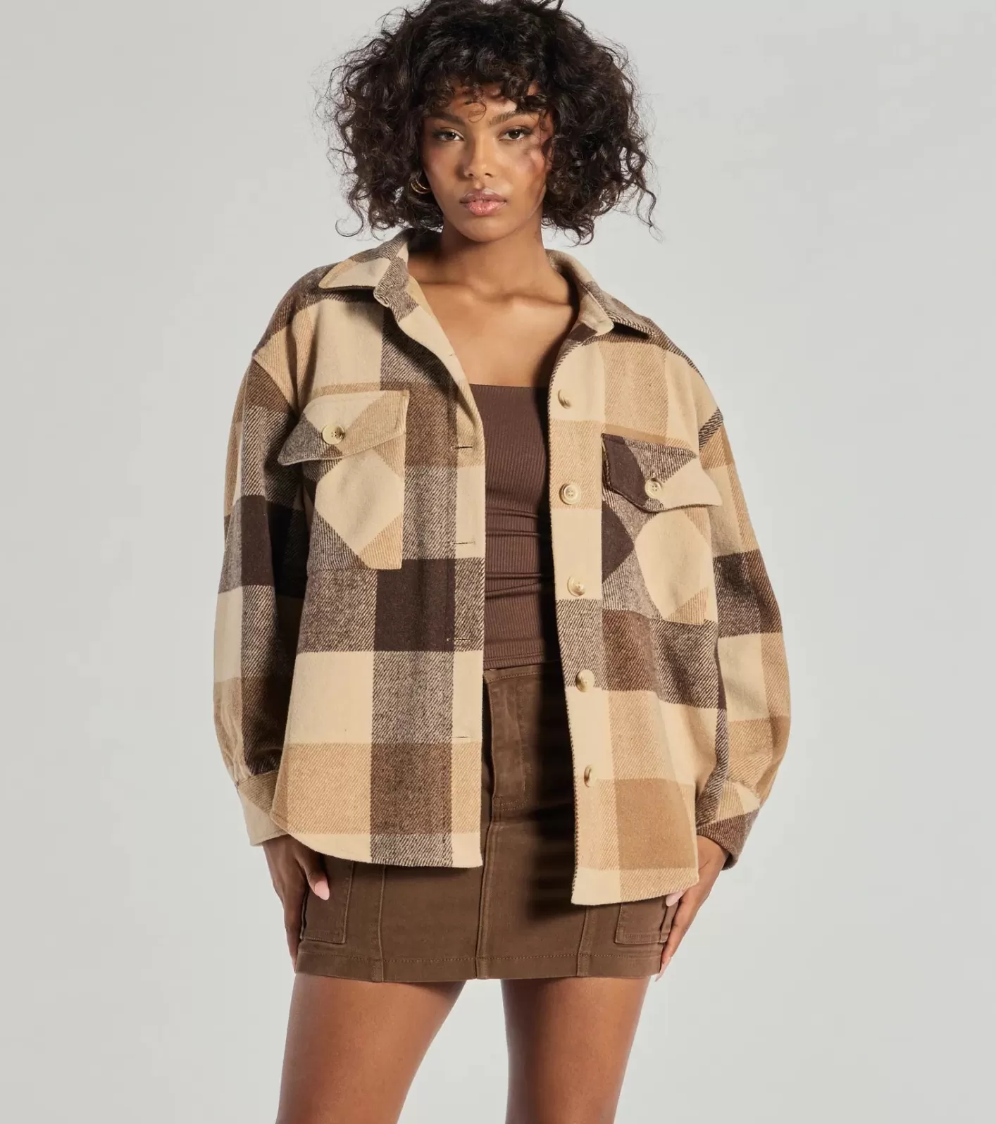 Windsor Plaid Passion Oversized Faux Wool Shacket BROWN Outlet