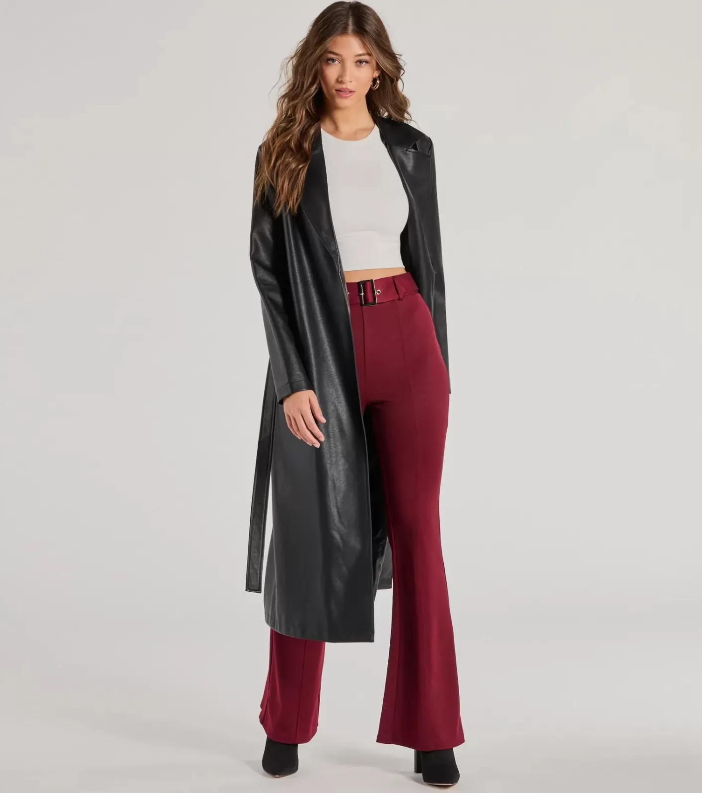 Windsor Polished Glam Belted Wide Leg Pants BURGUNDY Cheap
