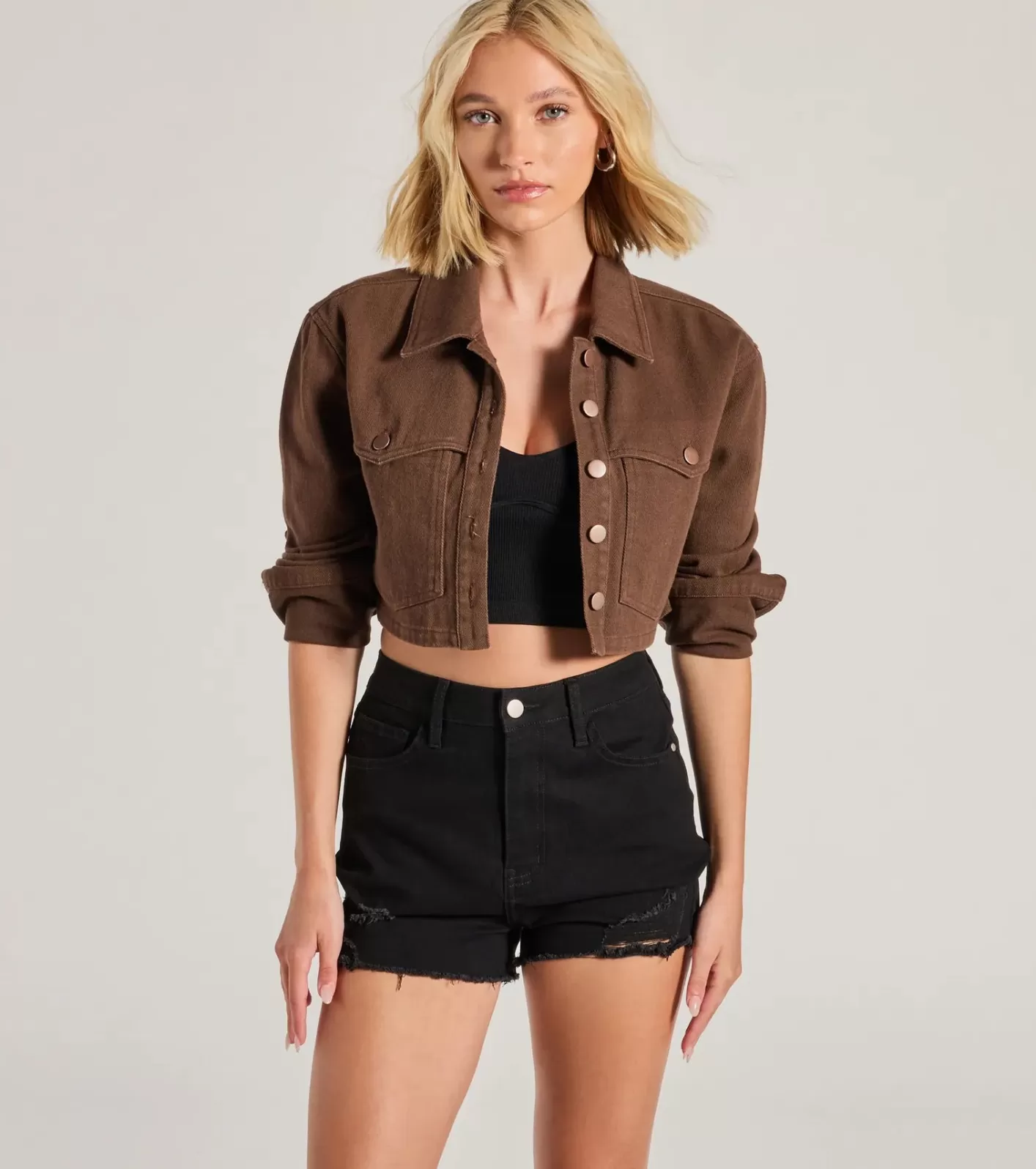 Windsor Popular Cutie Long Sleeve Crop Denim Shacket BROWN Clearance
