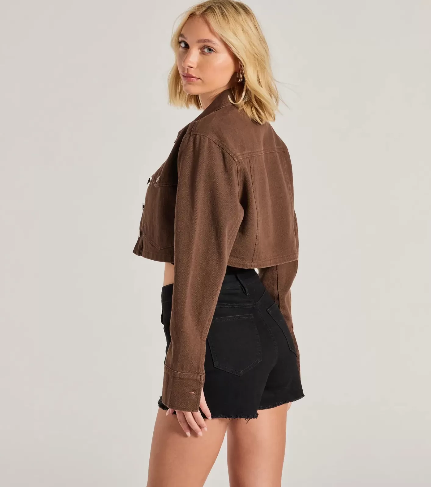 Windsor Popular Cutie Long Sleeve Crop Denim Shacket BROWN Clearance
