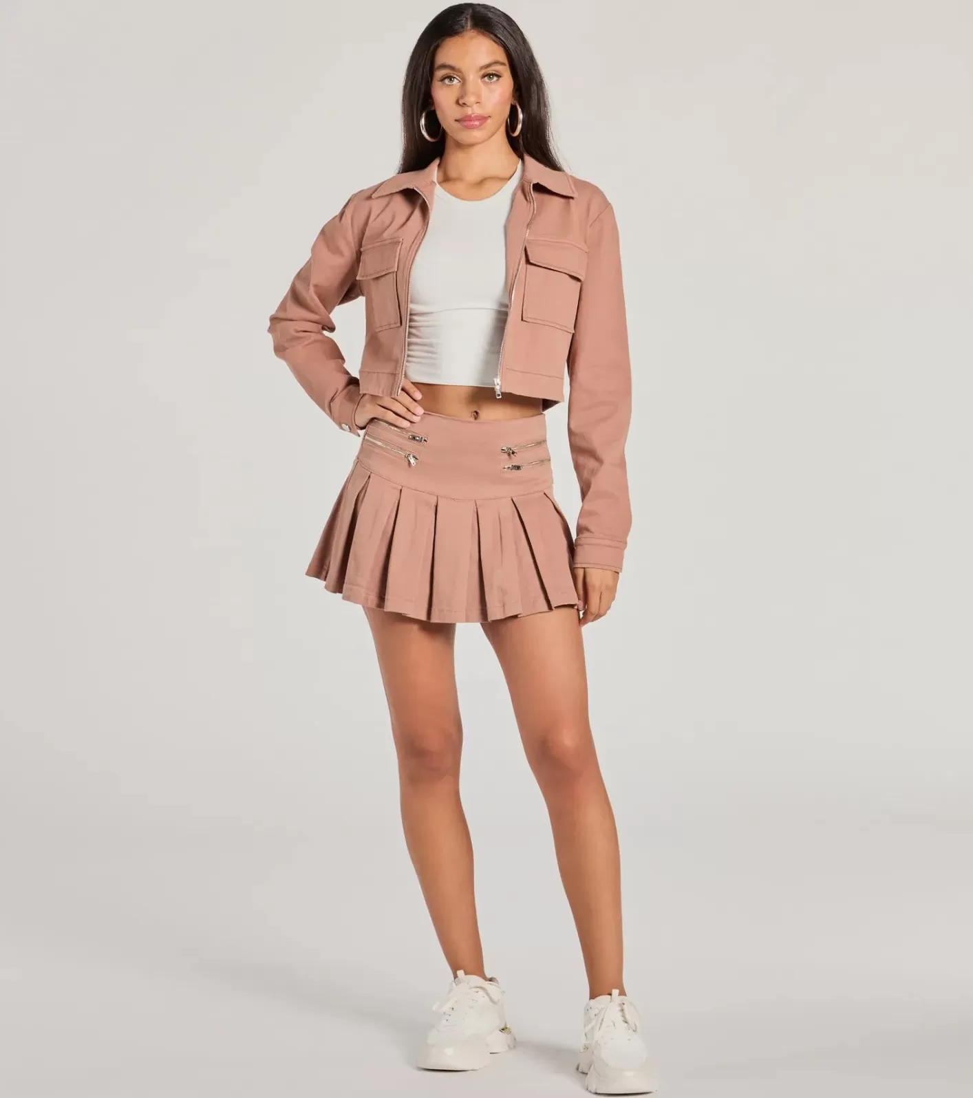 Windsor Practical Charm High Rise Zipper Pleated Denim Skort MAUVE Best
