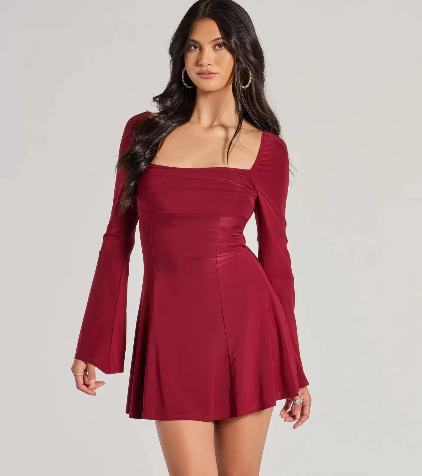Windsor Pretty Style Bell Sleeve A-Line Mini Dress BURGUNDY Shop
