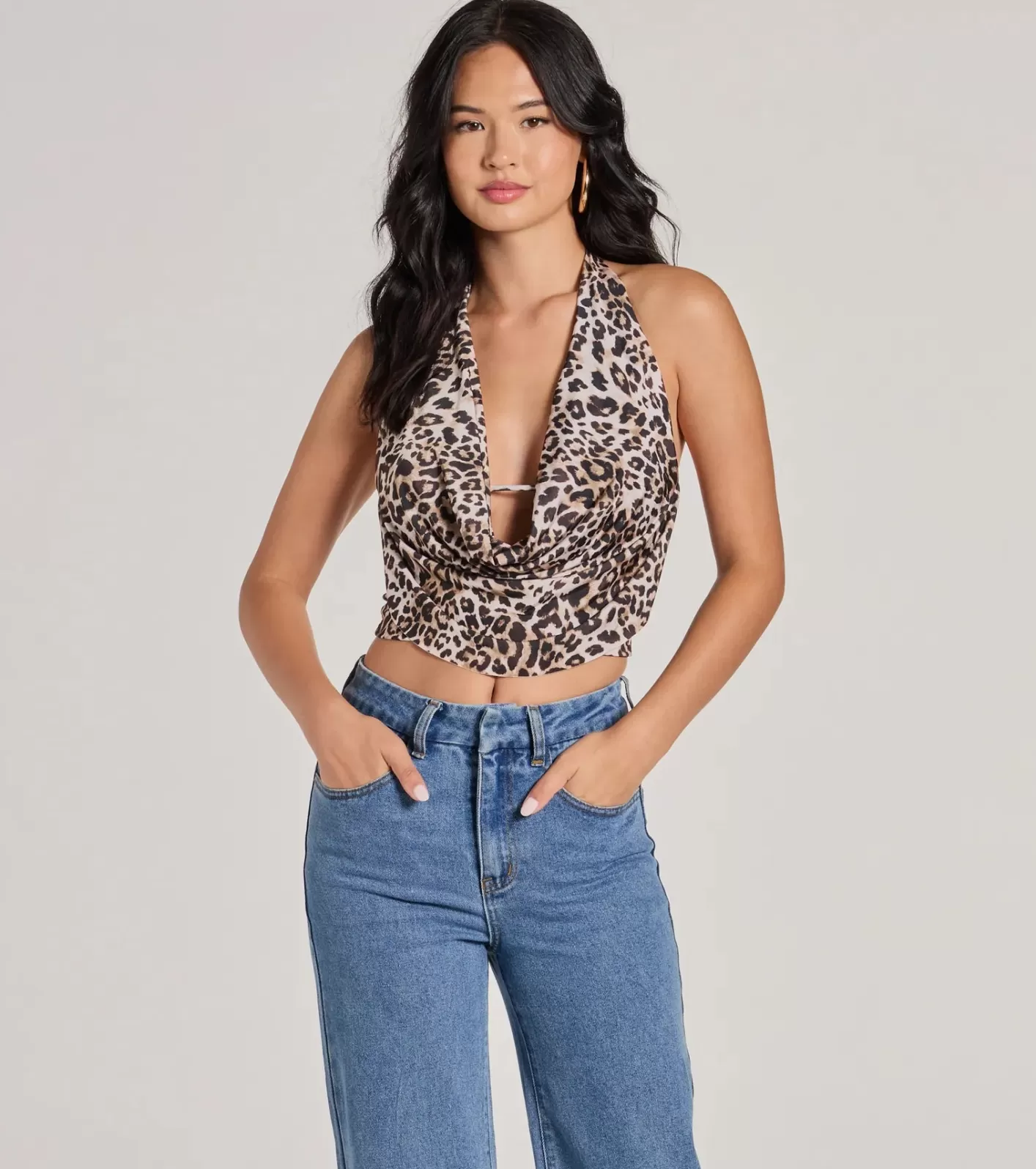 Windsor Prowlin Around Cowl Halter Crop Top LEOPARD Best Sale