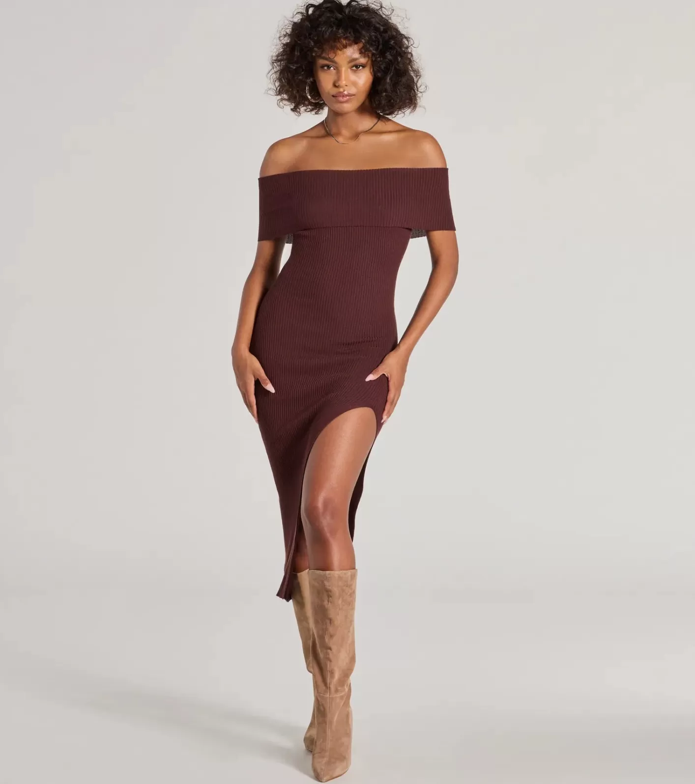 Windsor Raise The Bar Ribbed Knit High Slit Midi Dress BROWN Clearance