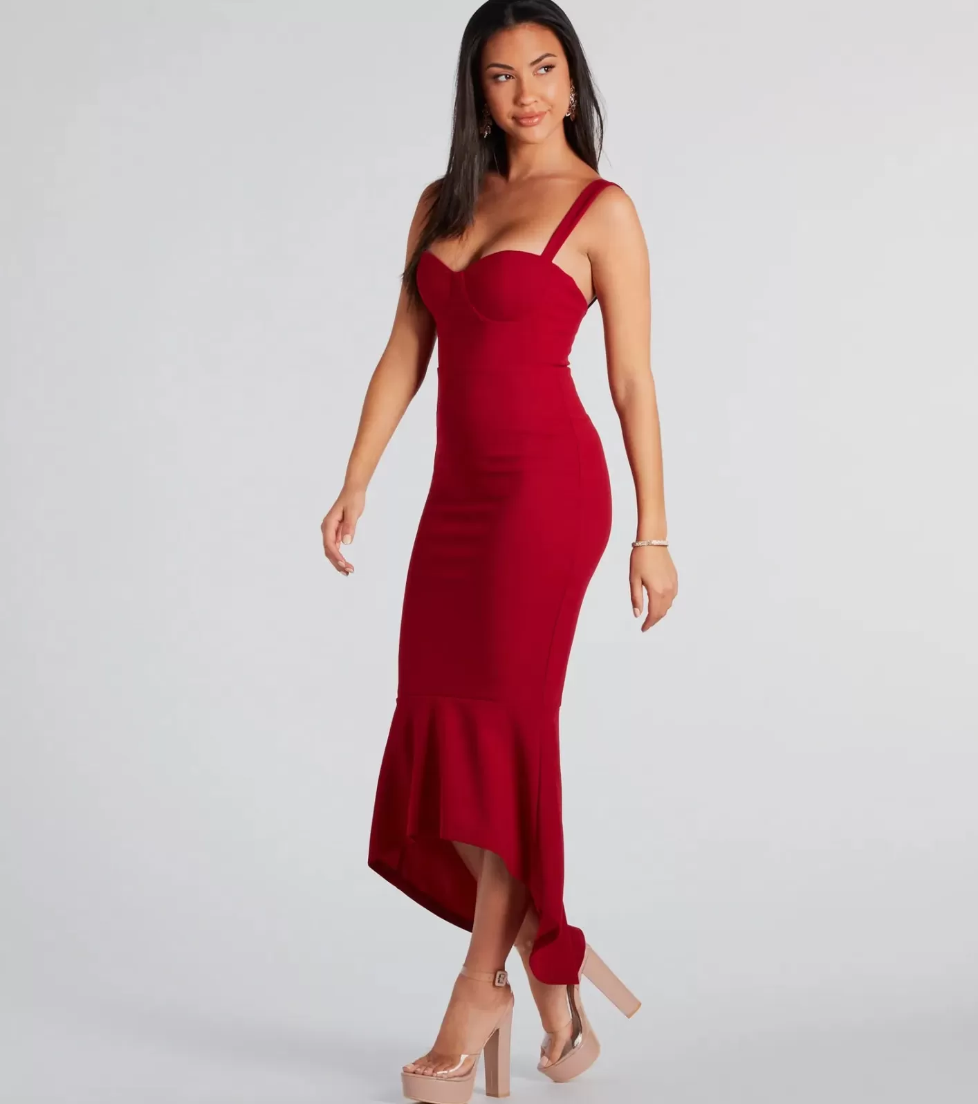 Windsor Ramona Formal High-Low Ruffled Mermaid Dress BURGUNDY Discount
