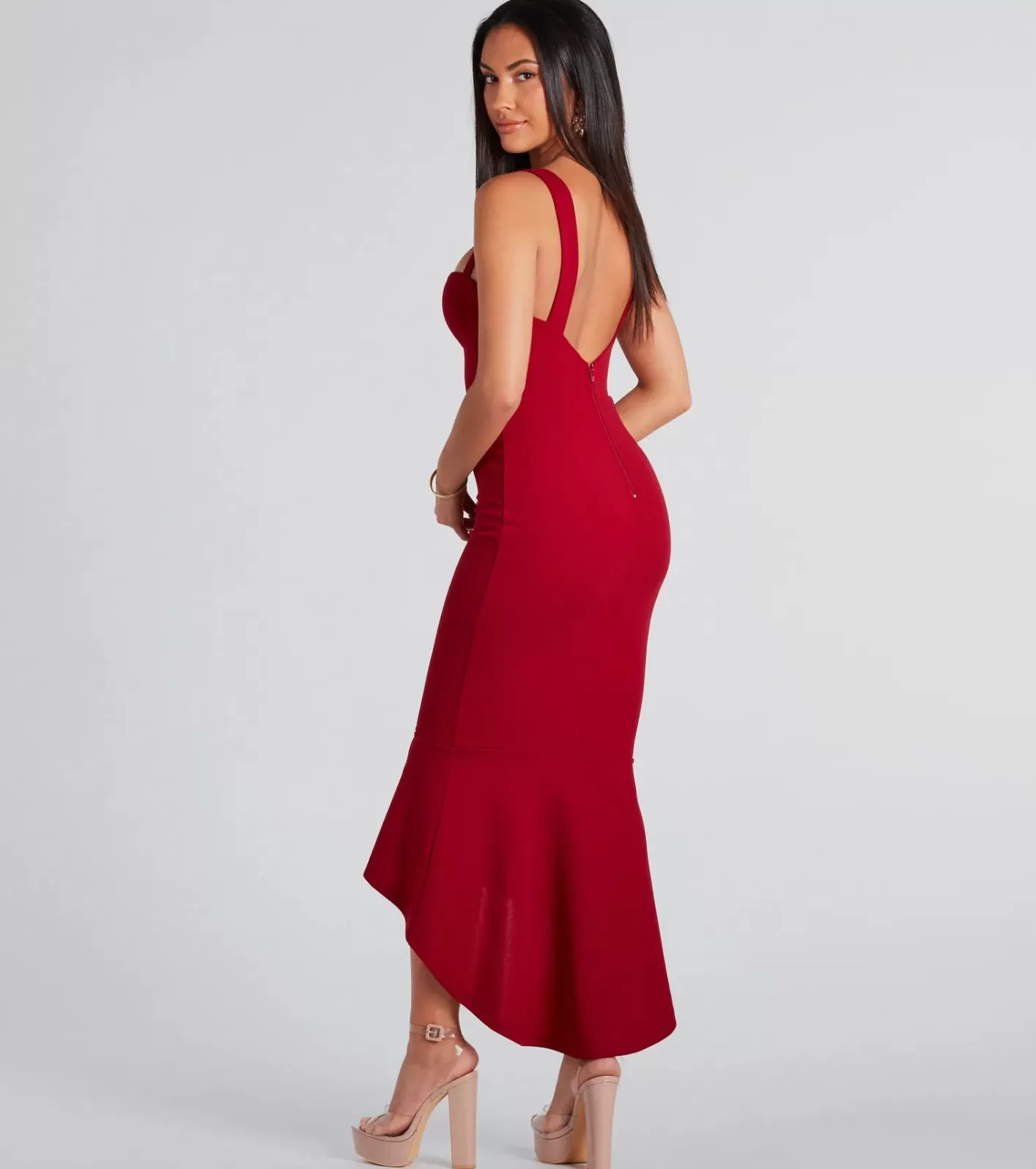 Windsor Ramona Formal High-Low Ruffled Mermaid Dress BURGUNDY Discount
