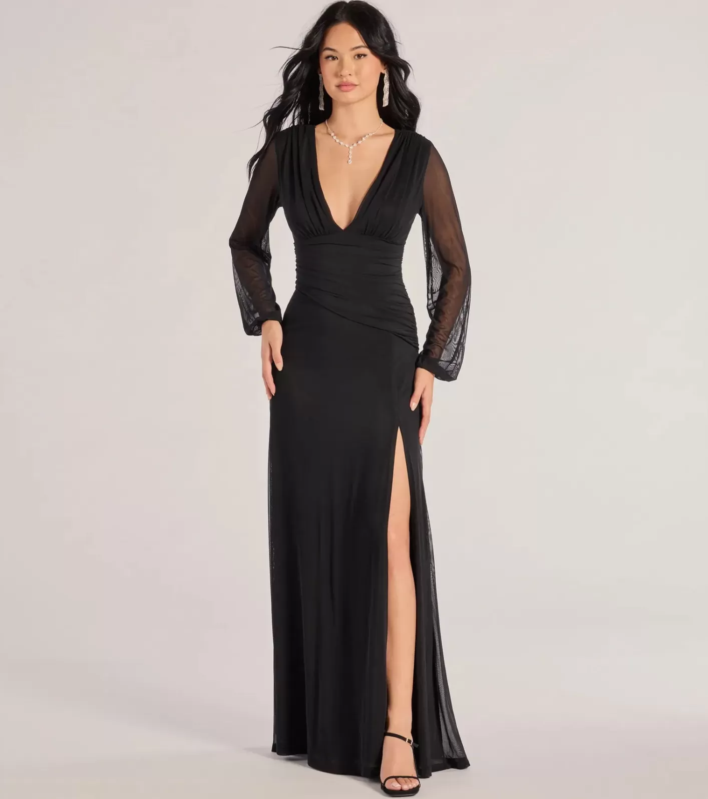 Windsor Rayne Mesh Long Sleeve A-Line Formal Dress BLACK Best Sale