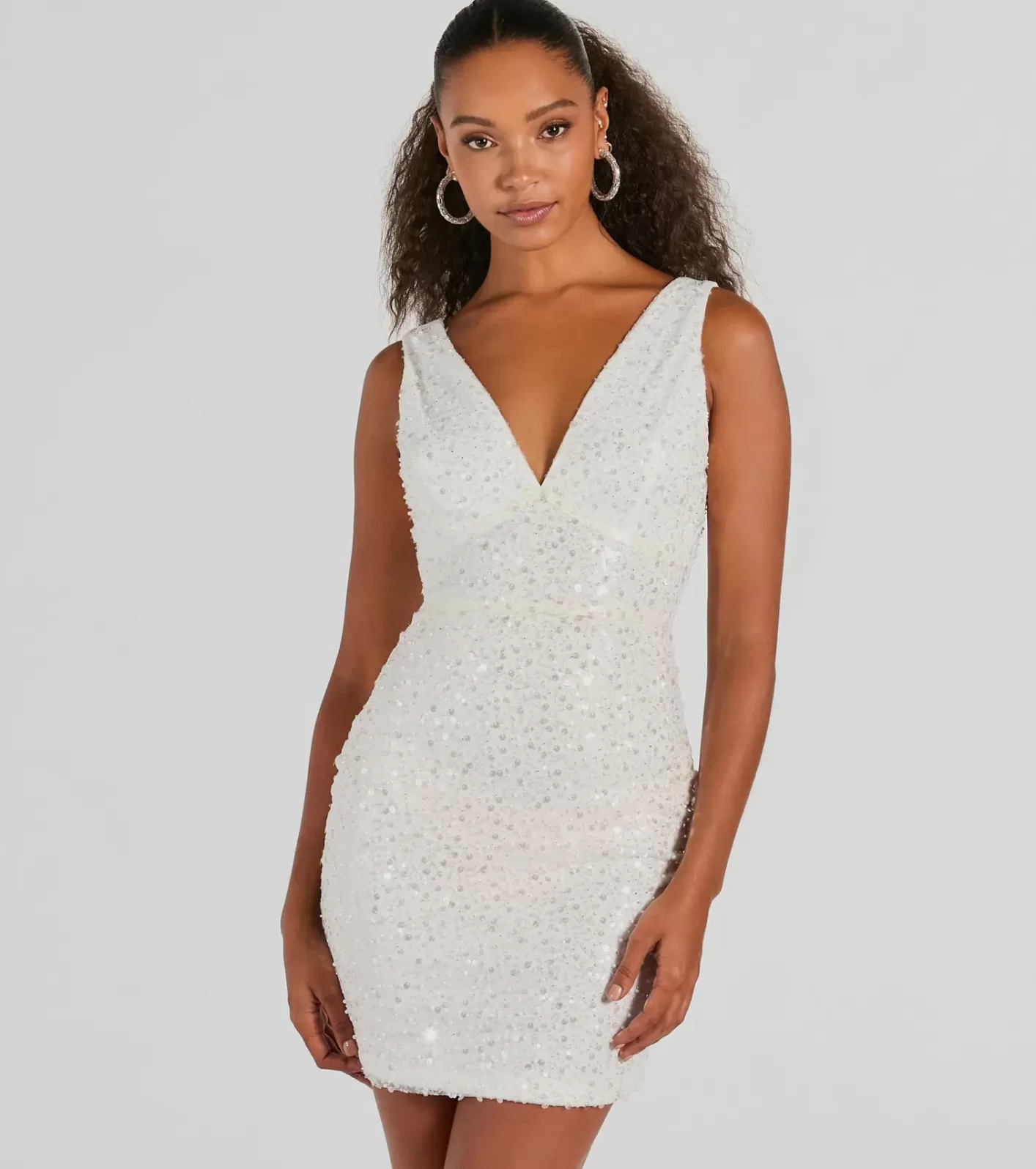 Windsor Ready To Sparkle V-Neck Bodycon Sequin Mini Dress WHITE Best
