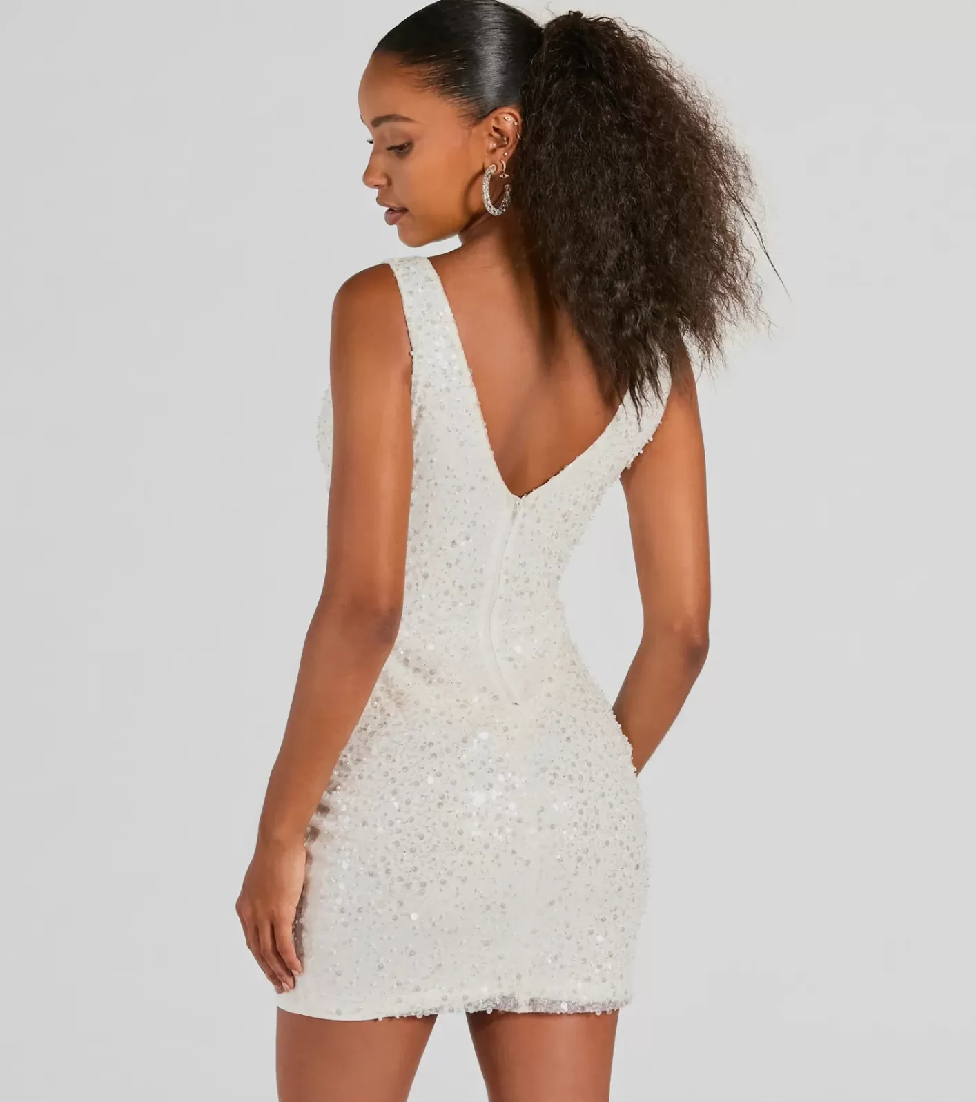 Windsor Ready To Sparkle V-Neck Bodycon Sequin Mini Dress WHITE Best