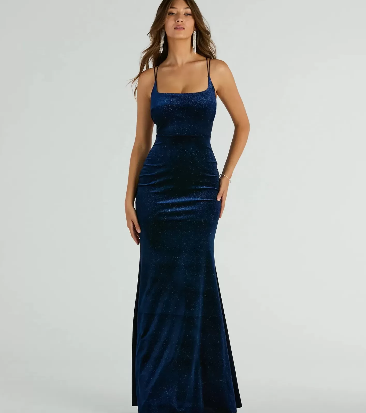 Windsor Reagan Strappy Mermaid Glitter Velvet Formal Dress NAVY Fashion
