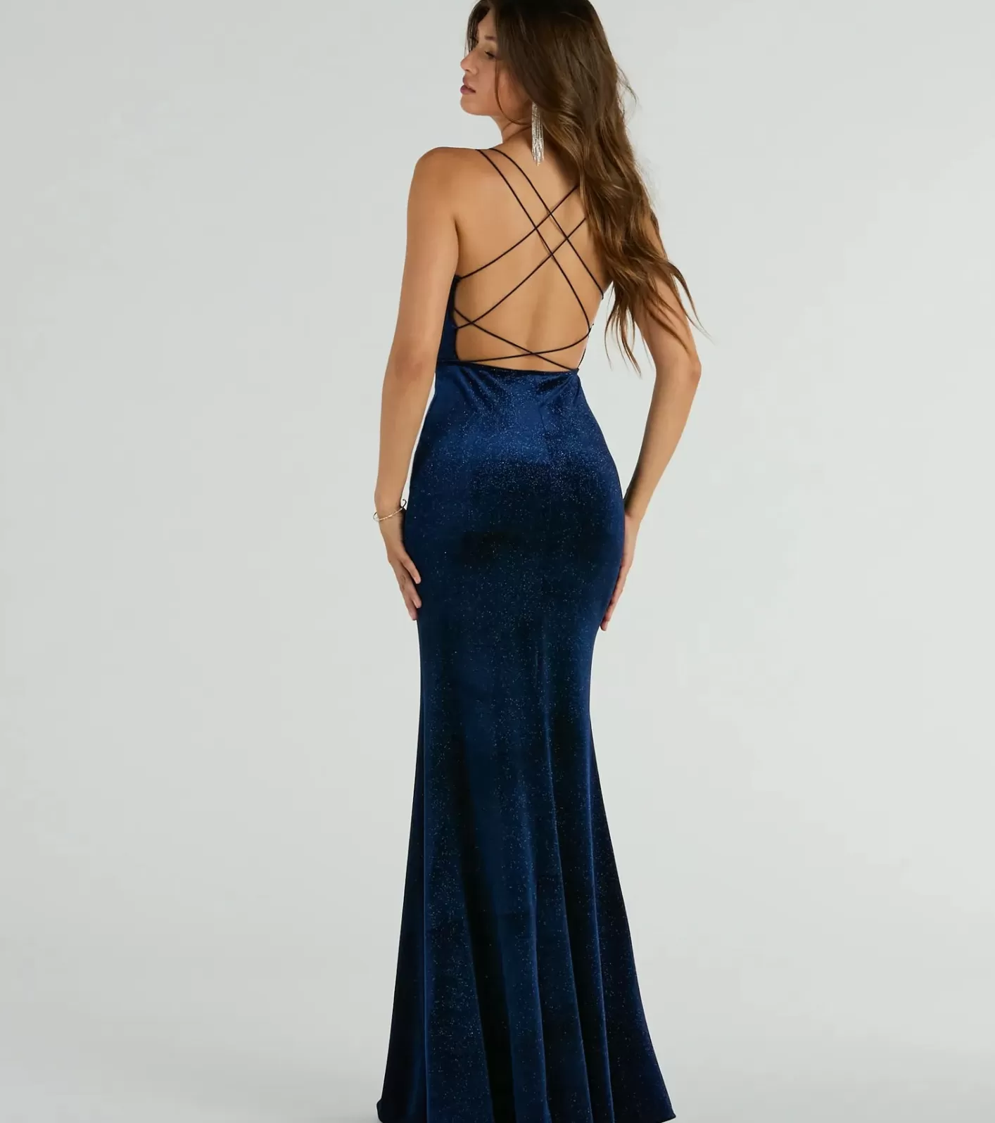Windsor Reagan Strappy Mermaid Glitter Velvet Formal Dress NAVY Fashion