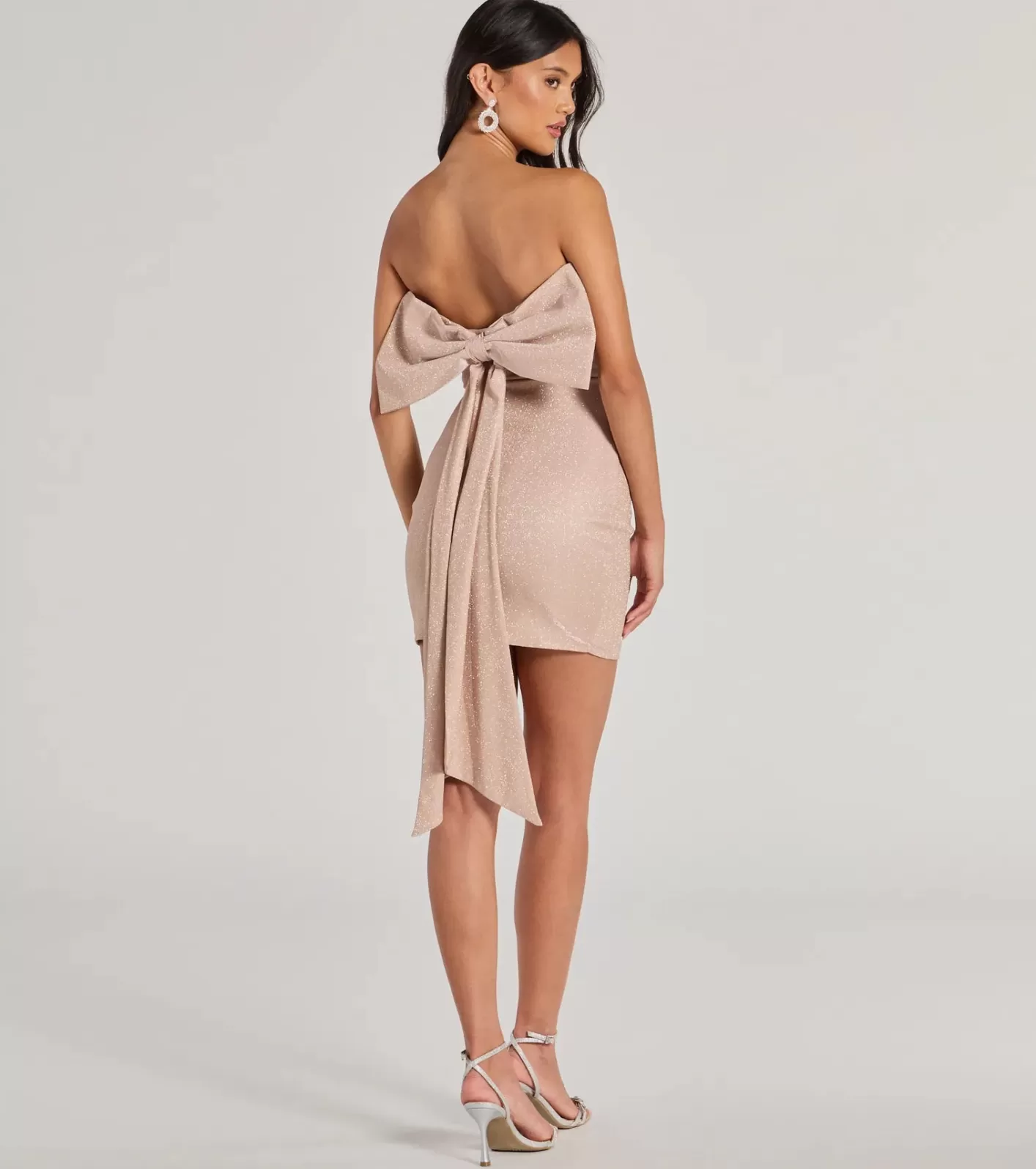 Windsor Reese Woven Glitter Knit Open-Back Bow Mini Dress PINK New