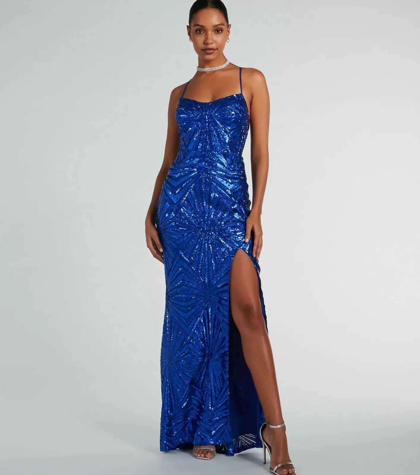 Windsor Regina Lace-Up Mermaid Sequin Mesh Formal Dress ROYAL Clearance