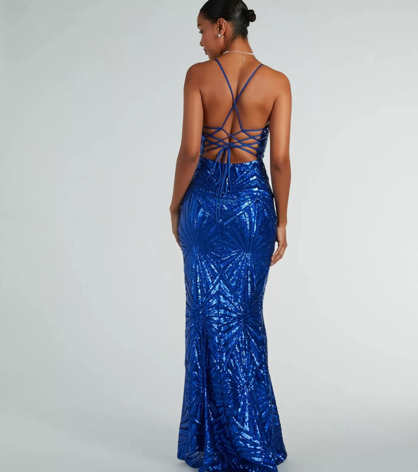 Windsor Regina Lace-Up Mermaid Sequin Mesh Formal Dress ROYAL Clearance
