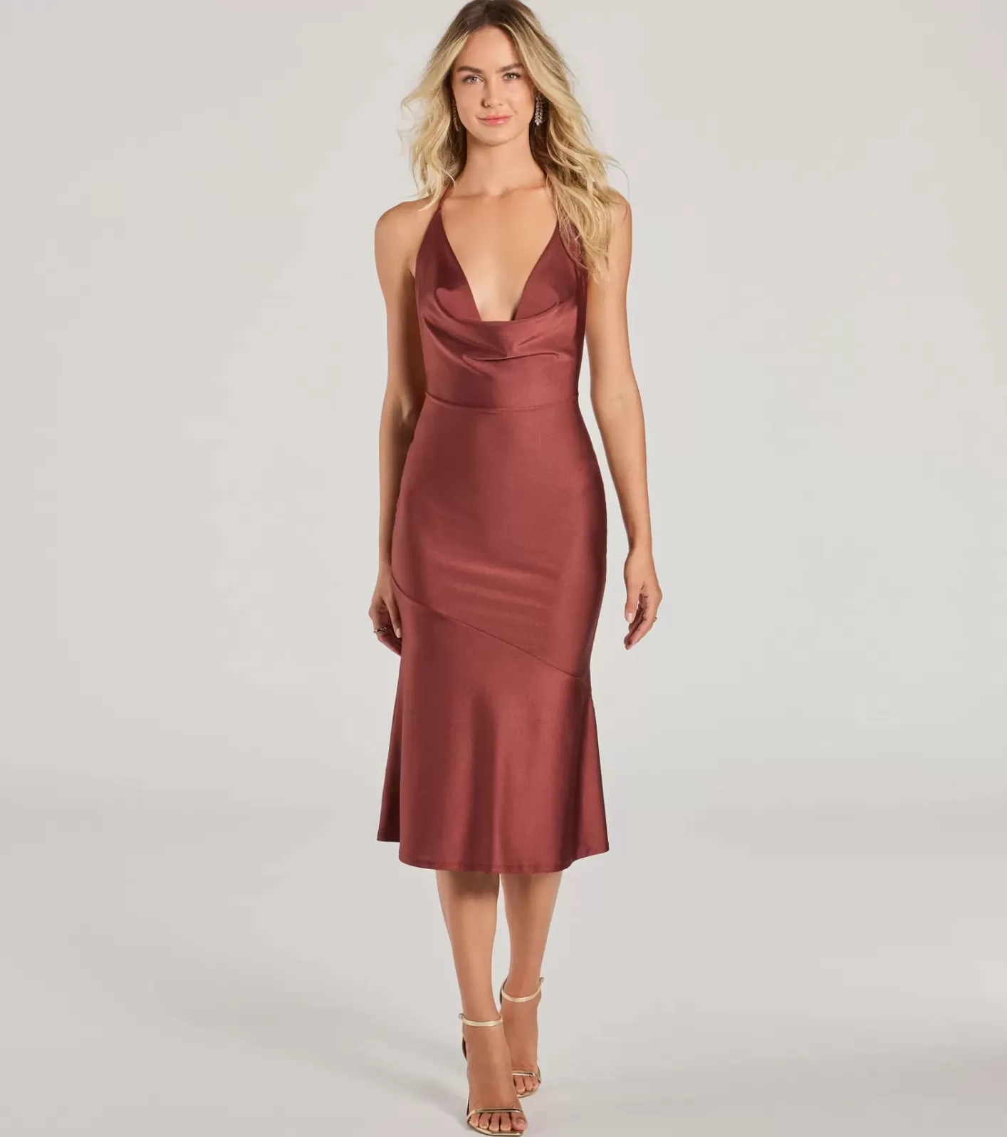 Windsor Remarkable Appeal Cowl Halter A-Line Midi Dress REDBROWN Outlet