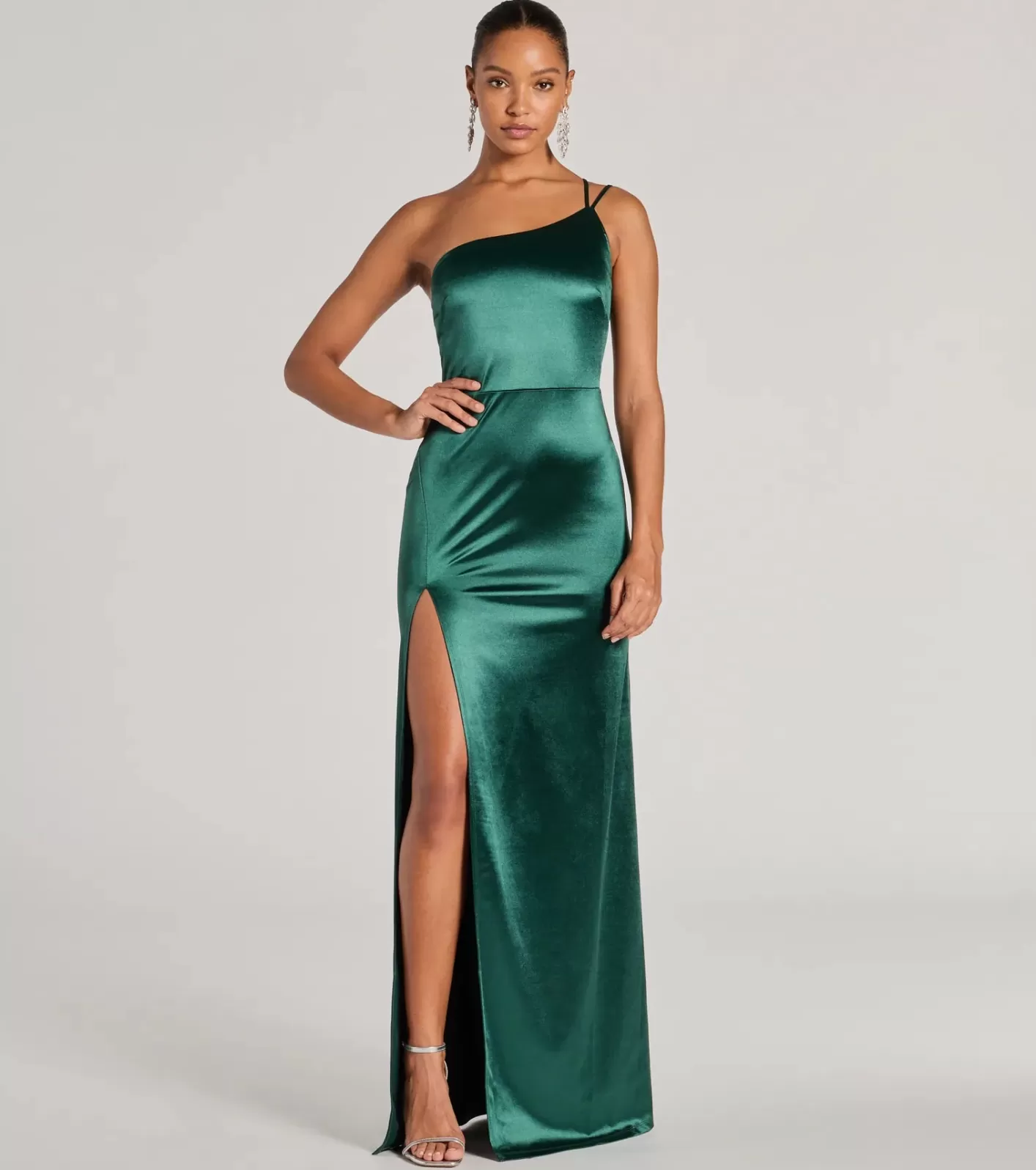 Windsor Rhiannon One-Shoulder Satin Long Dress HUNTER New