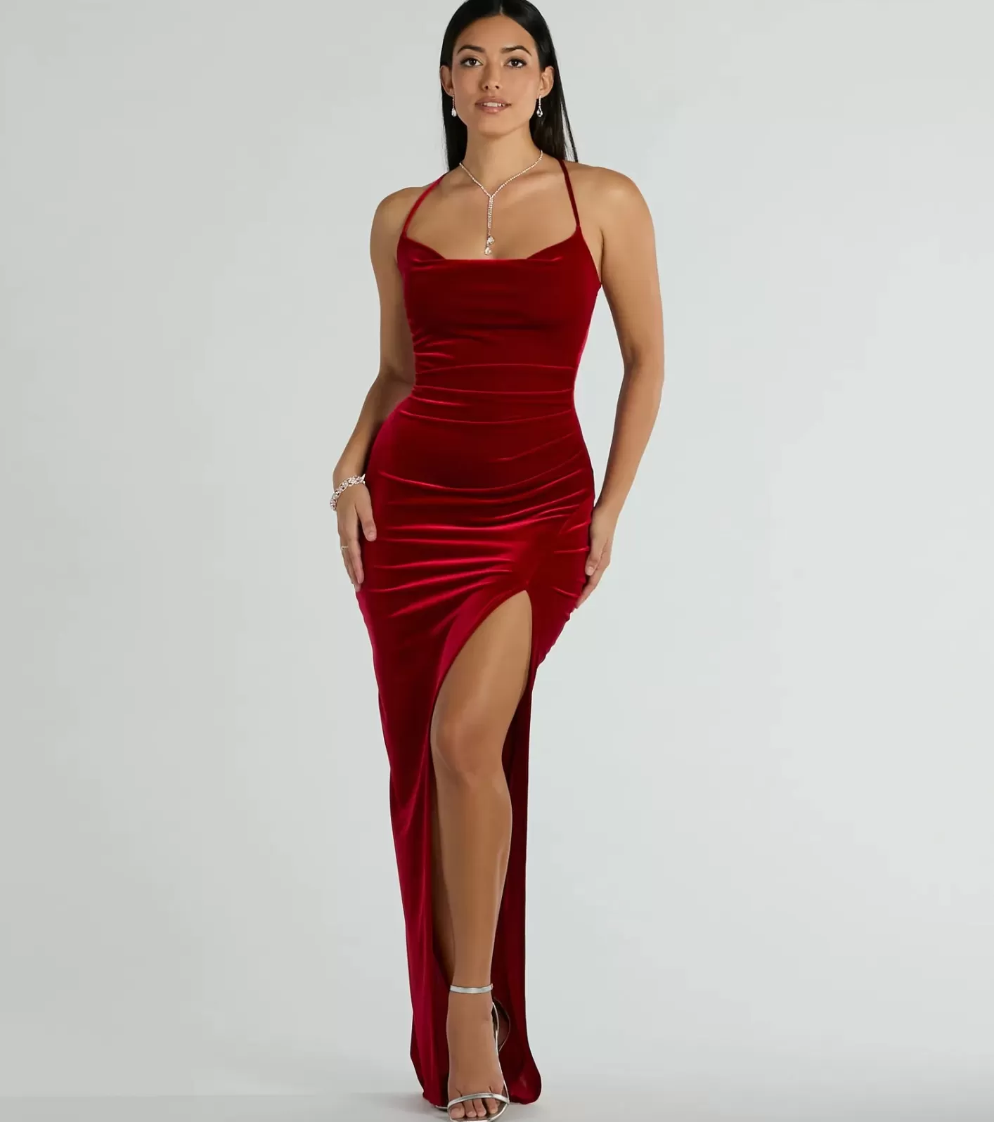 Windsor Riley Ruched Velvet Formal Dress RED Clearance