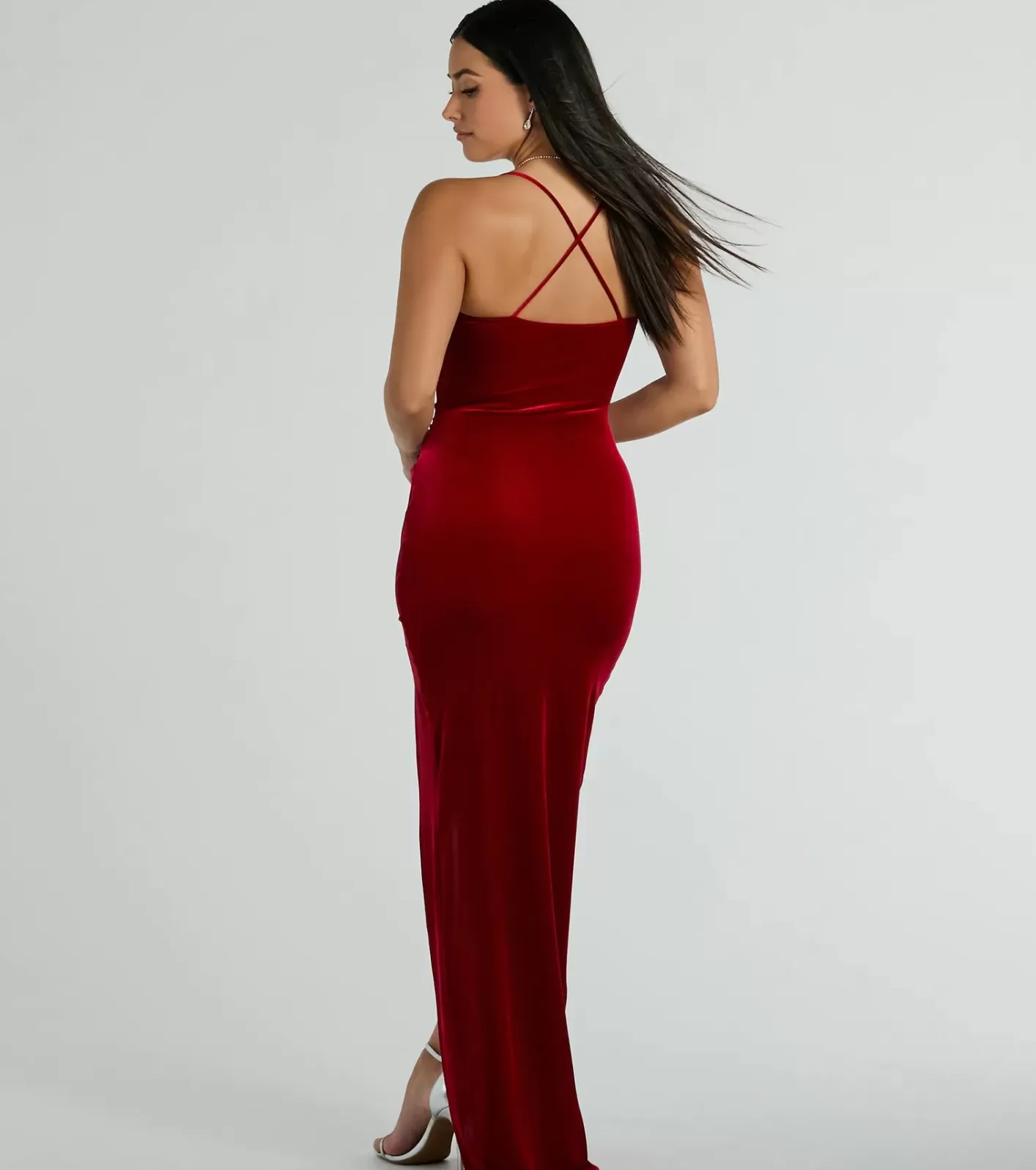 Windsor Riley Ruched Velvet Formal Dress RED Clearance