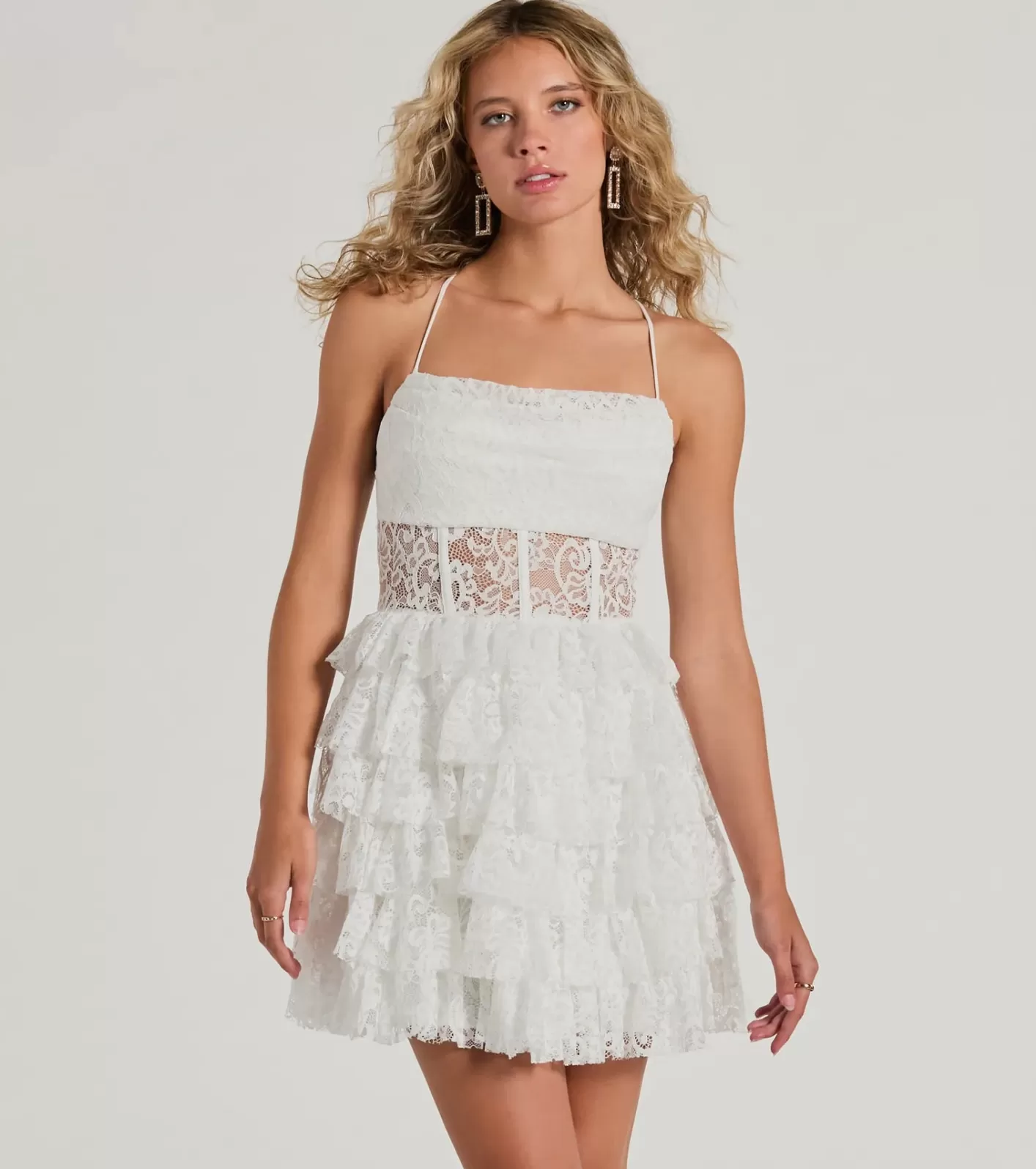 Windsor Rochelle Ruffled Sheer Lace Formal Mini Dress WHITE Cheap