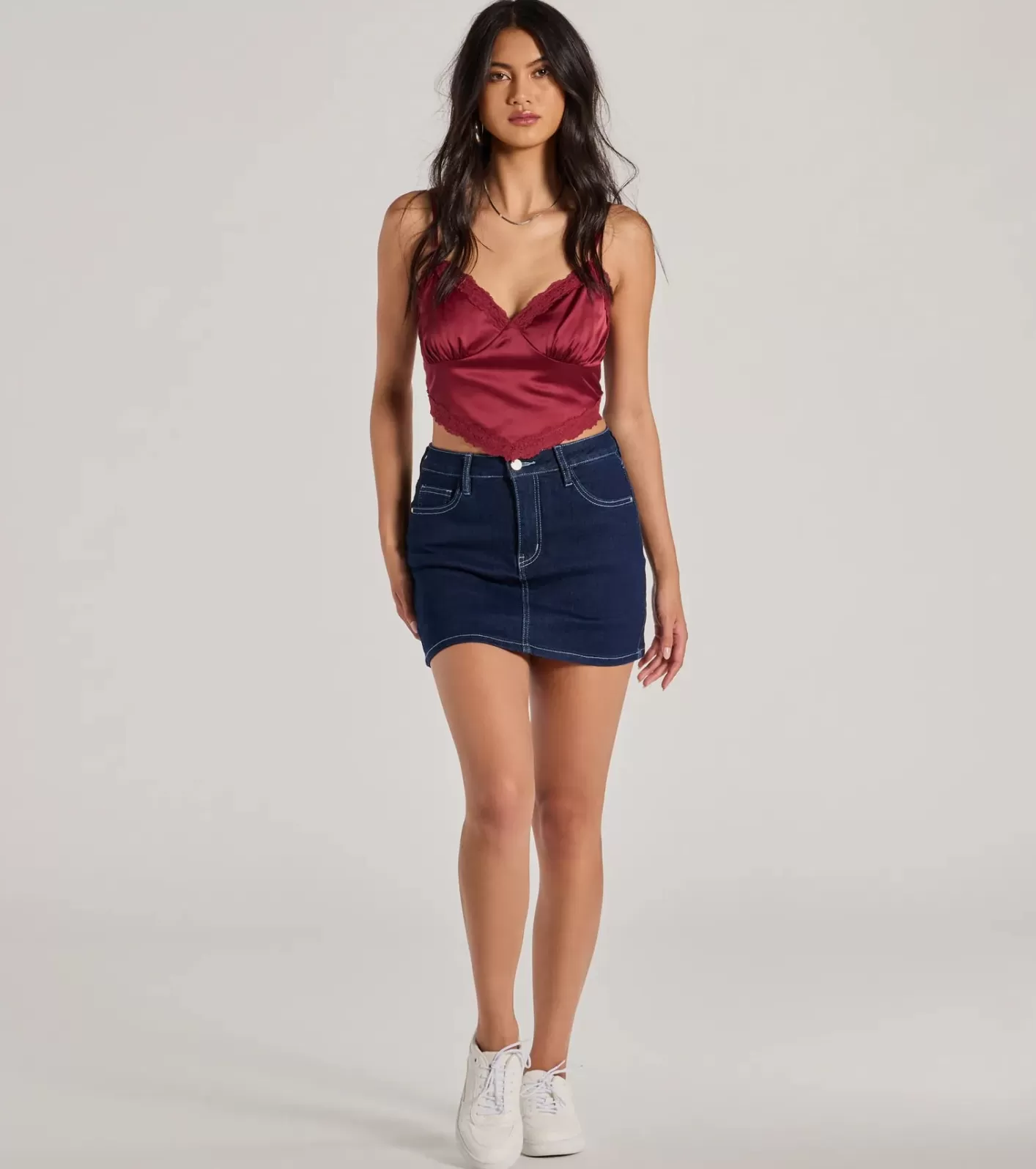 Windsor Romance In The Air Lace Trim Satin Cami Crop Top RAISIN Best Sale