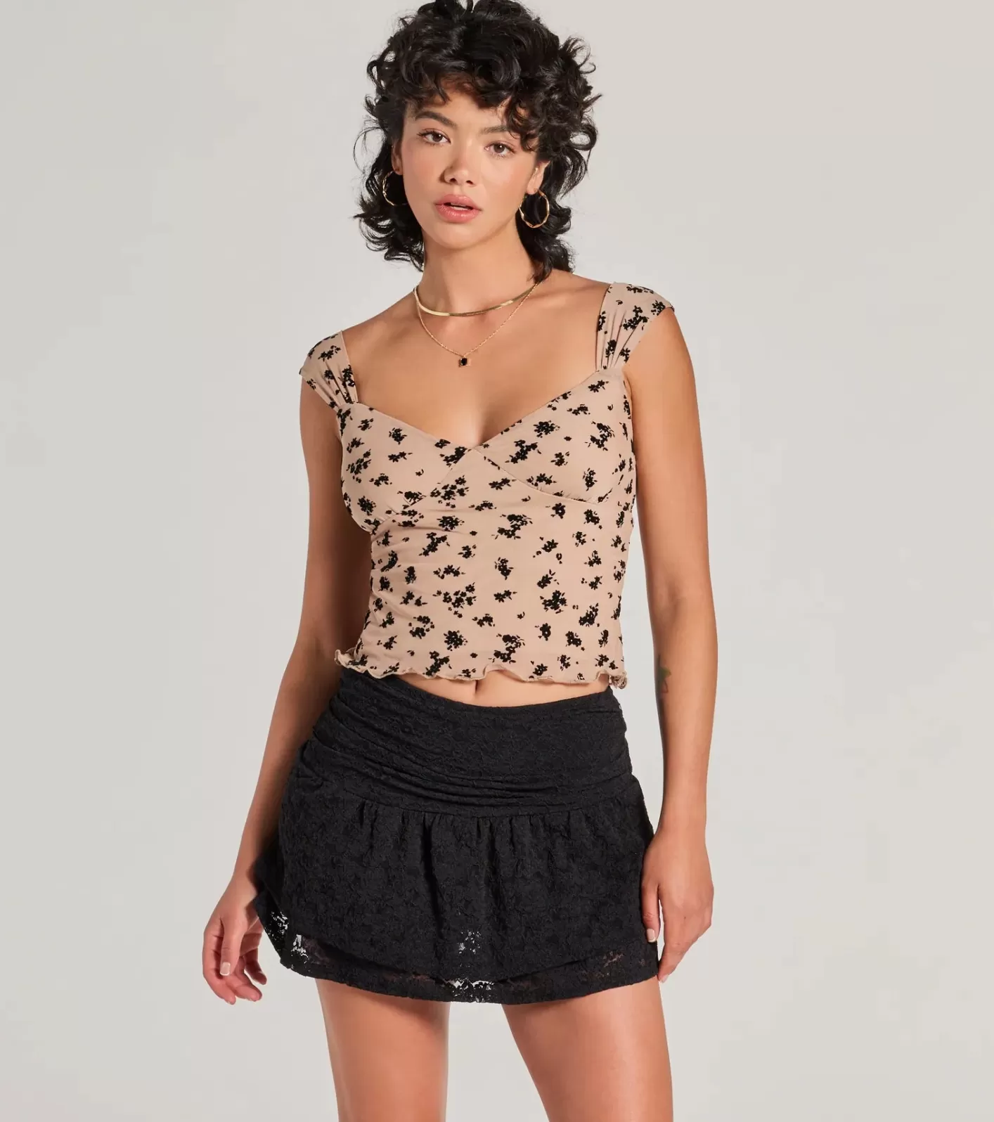 Windsor Romantic Allure Flocked Velvet Ditsy Floral Crop Top NUDE Best Sale
