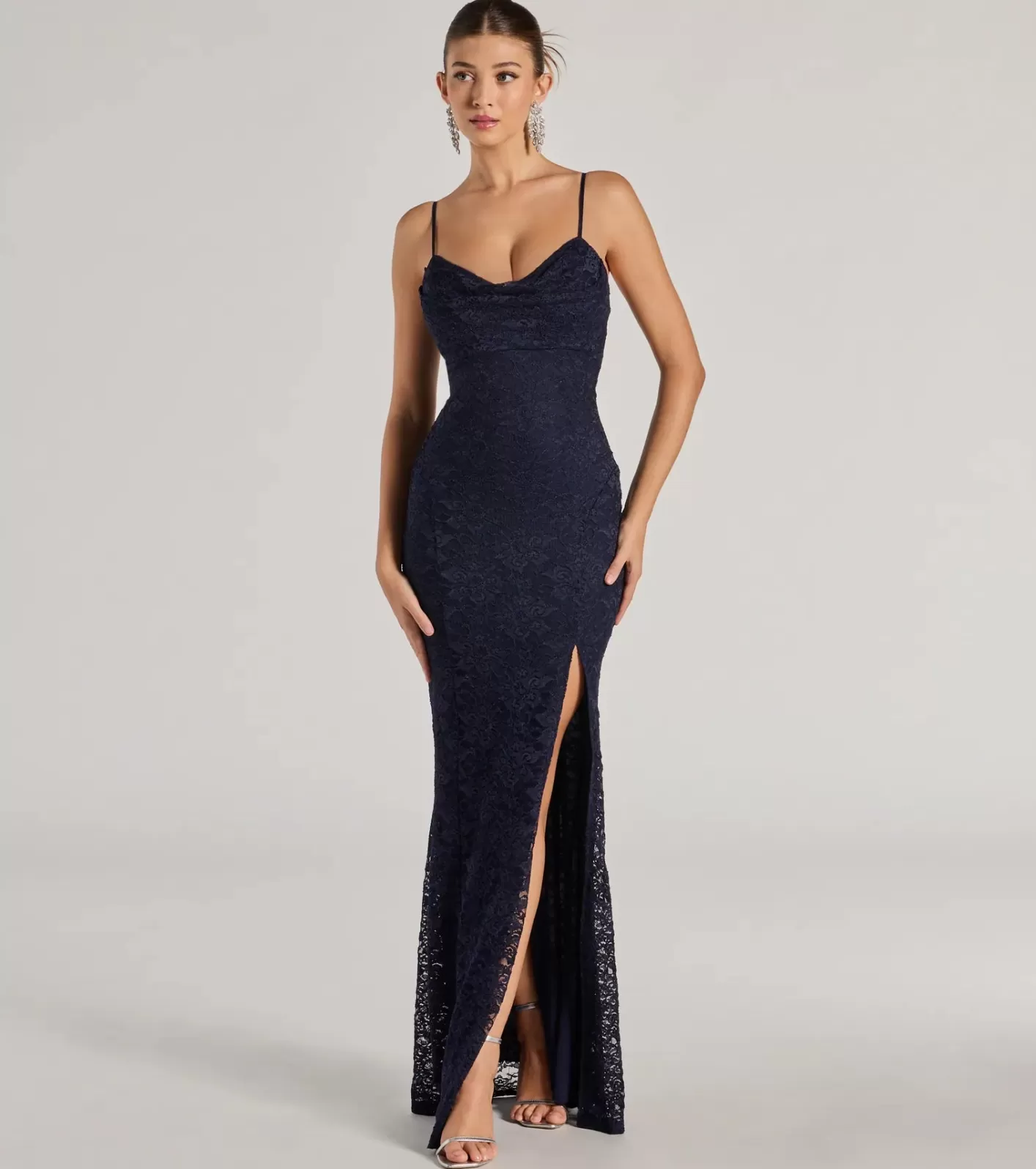 Windsor Romina Lace Cowl Neck High Slit Mermaid Dress NAVY Fashion