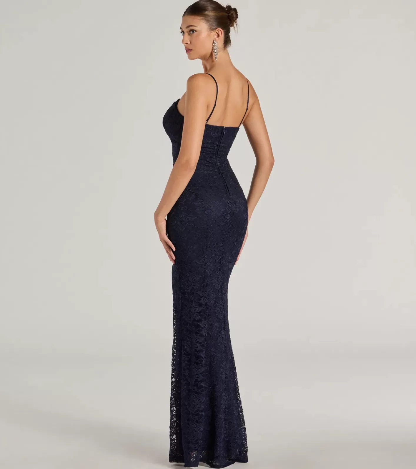 Windsor Romina Lace Cowl Neck High Slit Mermaid Dress NAVY Fashion