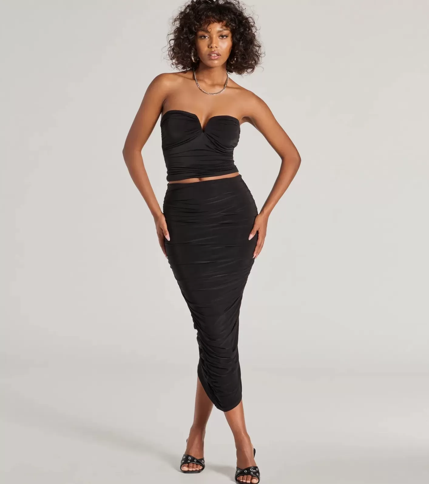 Windsor Ruched and Ready High Waist Midi Skirt BLACK Cheap