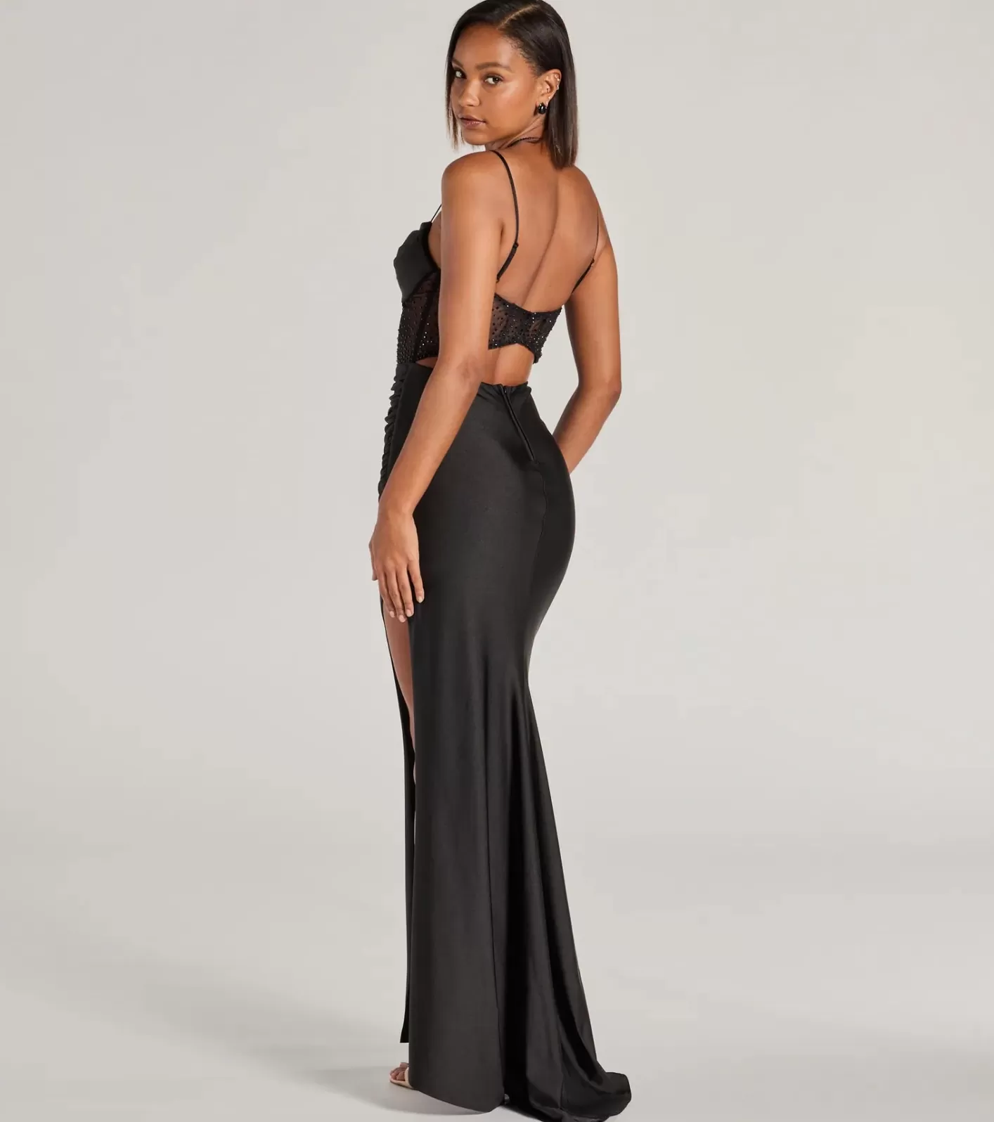 Windsor Sadie Rhinestone Corset Open Back Mermaid Formal Dress BLACK Fashion