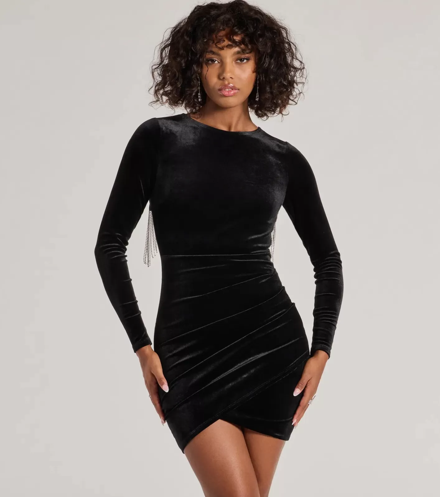 Windsor Salma Rhinestone Fringe Backless Velvet Mini Dress BLACK Best Sale