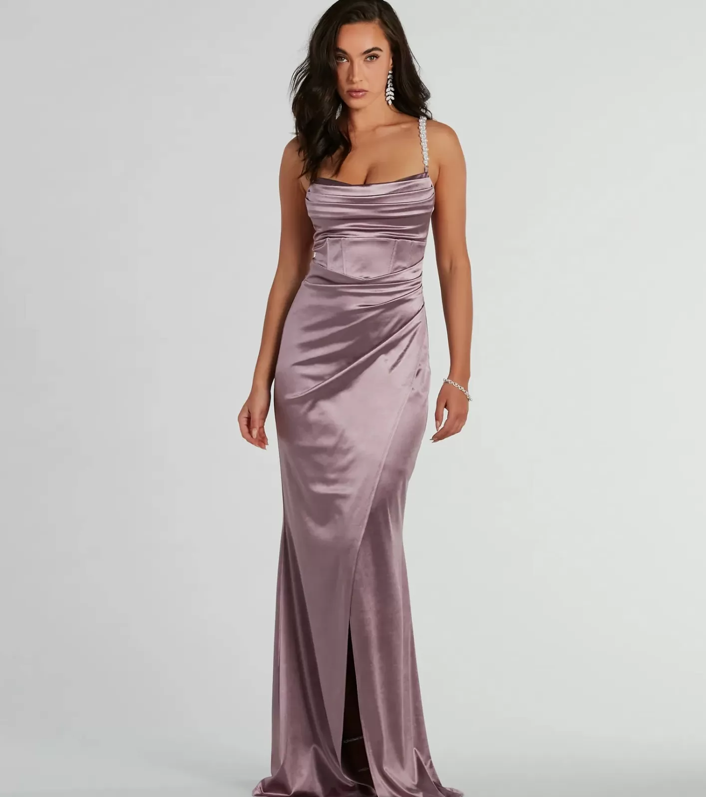 Windsor Sam Faux Pearl Strap Mermaid Satin Formal Dress LAVENDER Hot