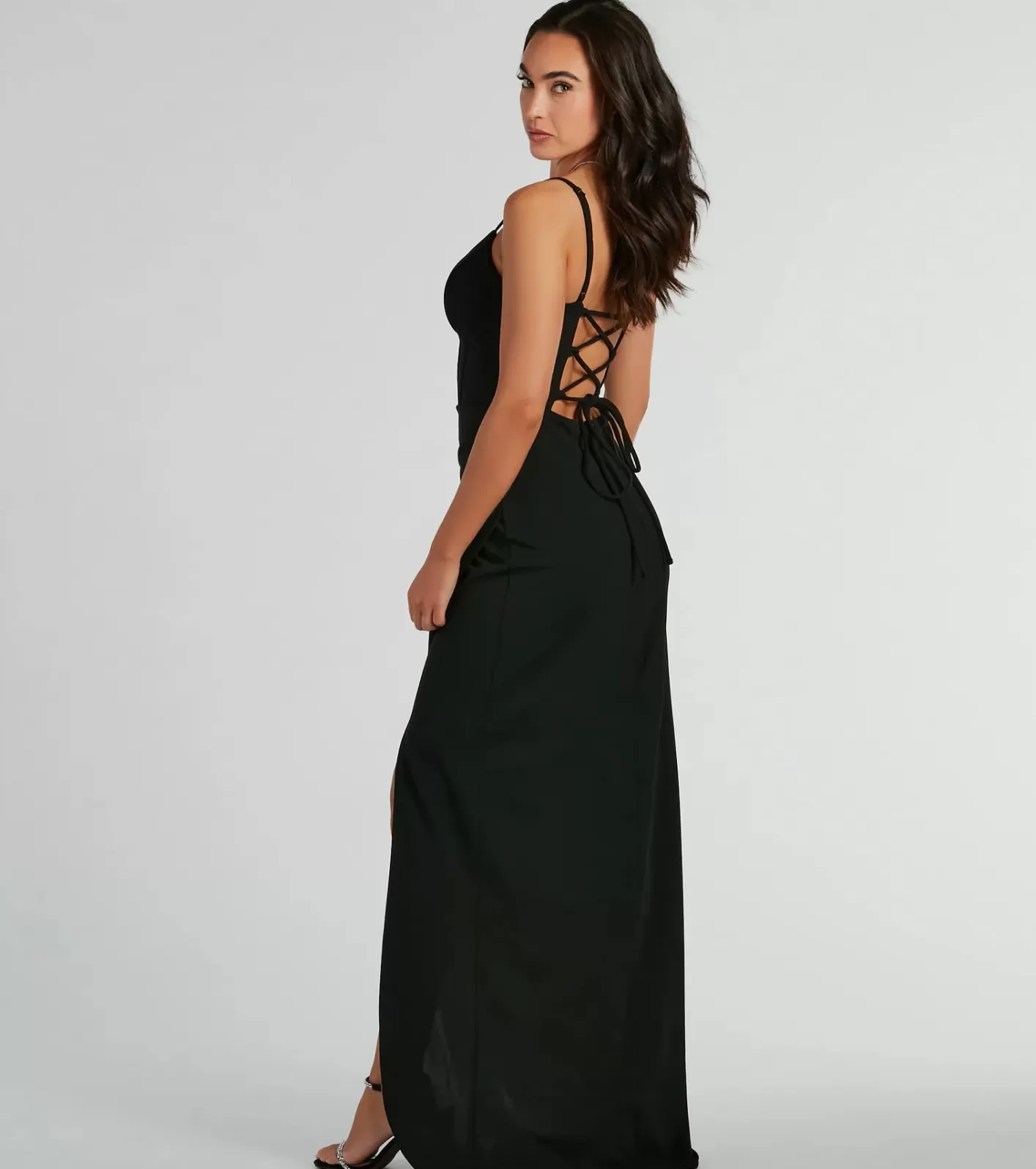 Windsor Samaria Lace Up Slim Crepe Formal Dress BLACK Best