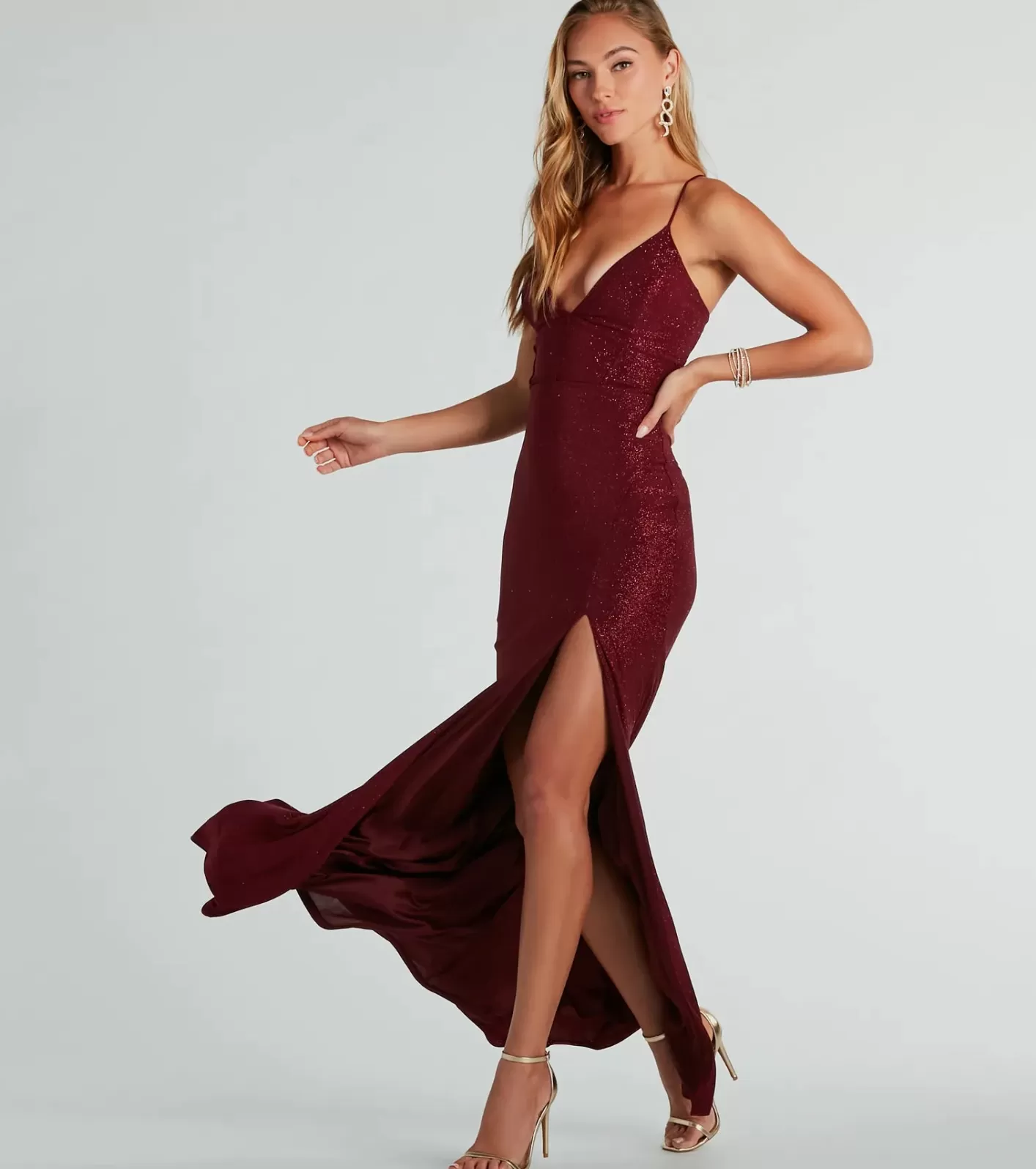 Windsor Sariah Lace-Up Glitter Knit Mermaid Dress WINE Discount