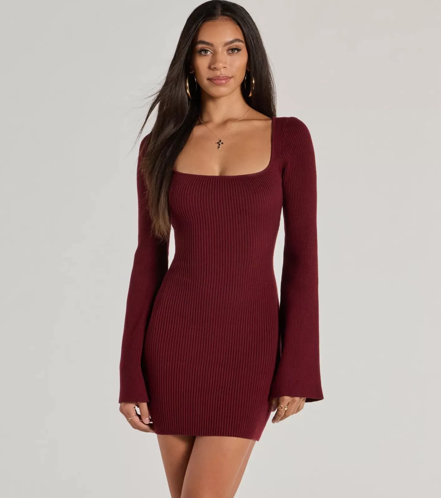 Windsor Seasonal Staple Ribbed Knit Bell Sleeve Mini Dress PLUM New