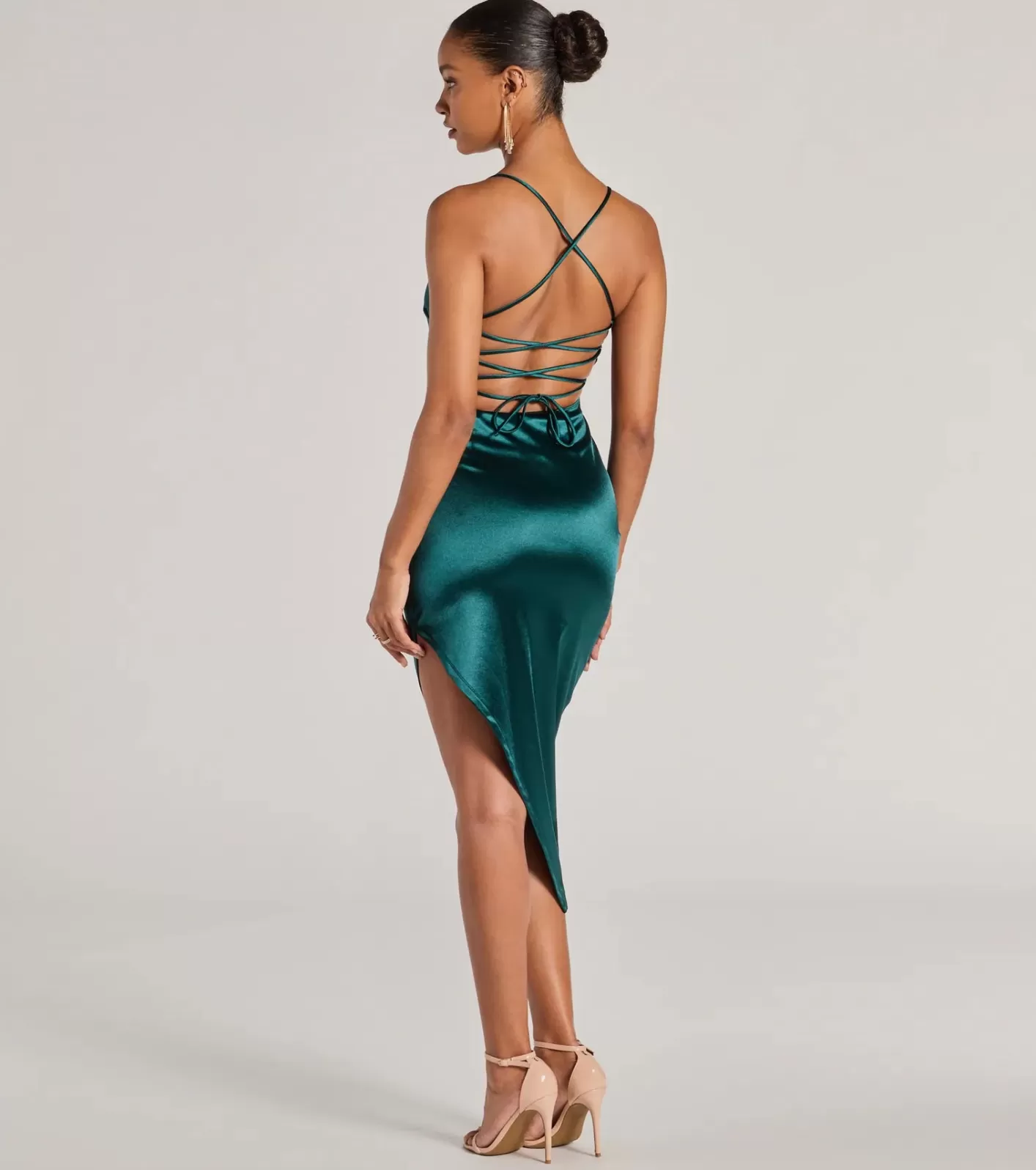 Windsor Sensational Fate Lace-Up Bodycon Satin Midi Dress HUNTER Cheap