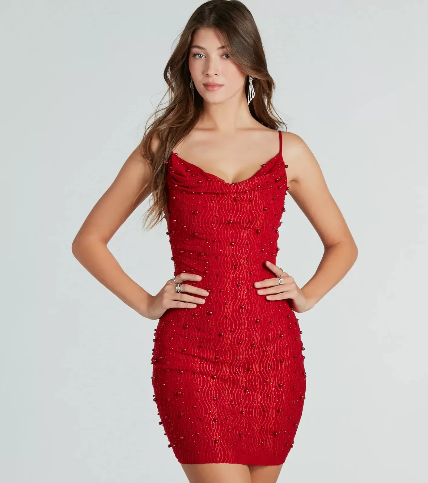 Windsor Sensuous Sultry Faux Pearl Rhinestone Mini Dress RED Outlet