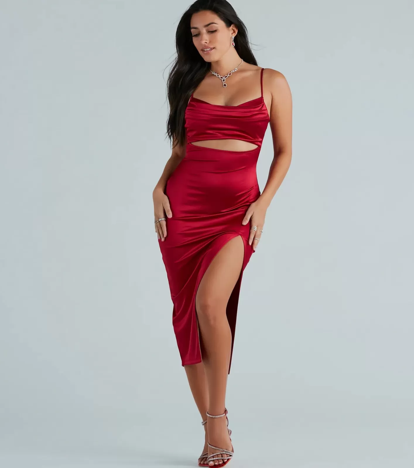 Windsor Seona Formal Satin Midi Dress RED New