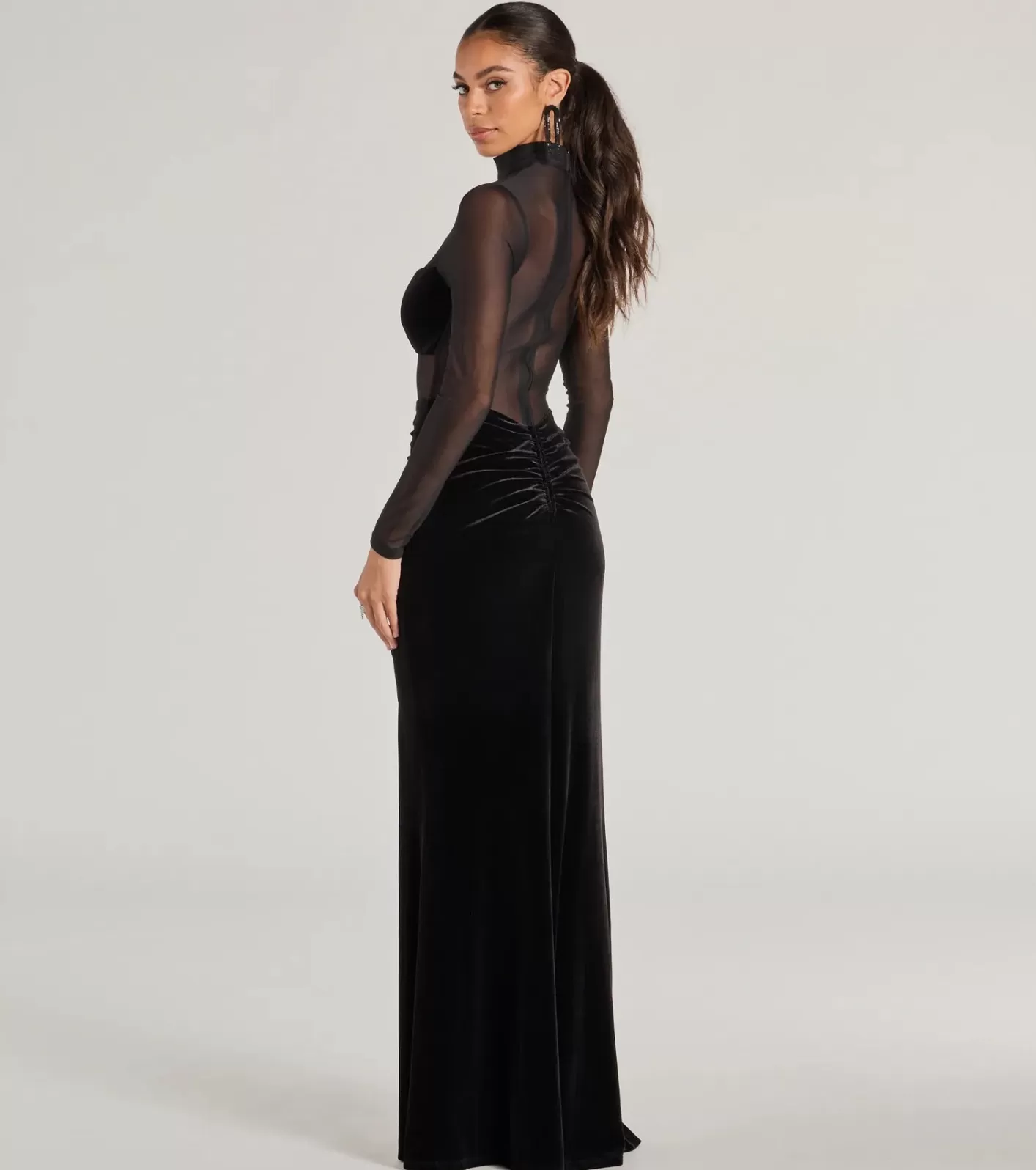 Windsor Seraphina Velvet And Mesh Long Sleeve Mermaid Dress BLACK Fashion