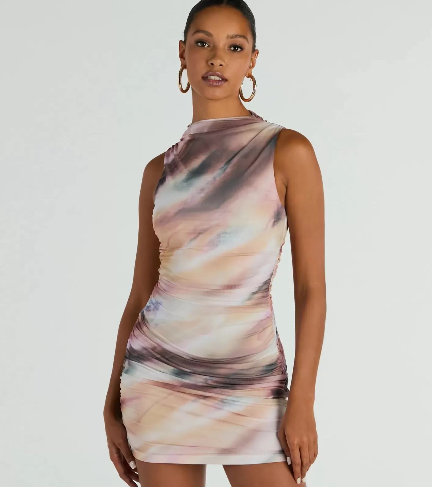 Windsor Set To Amaze Mock Neck Abstract Mini Dress TAUPE Hot