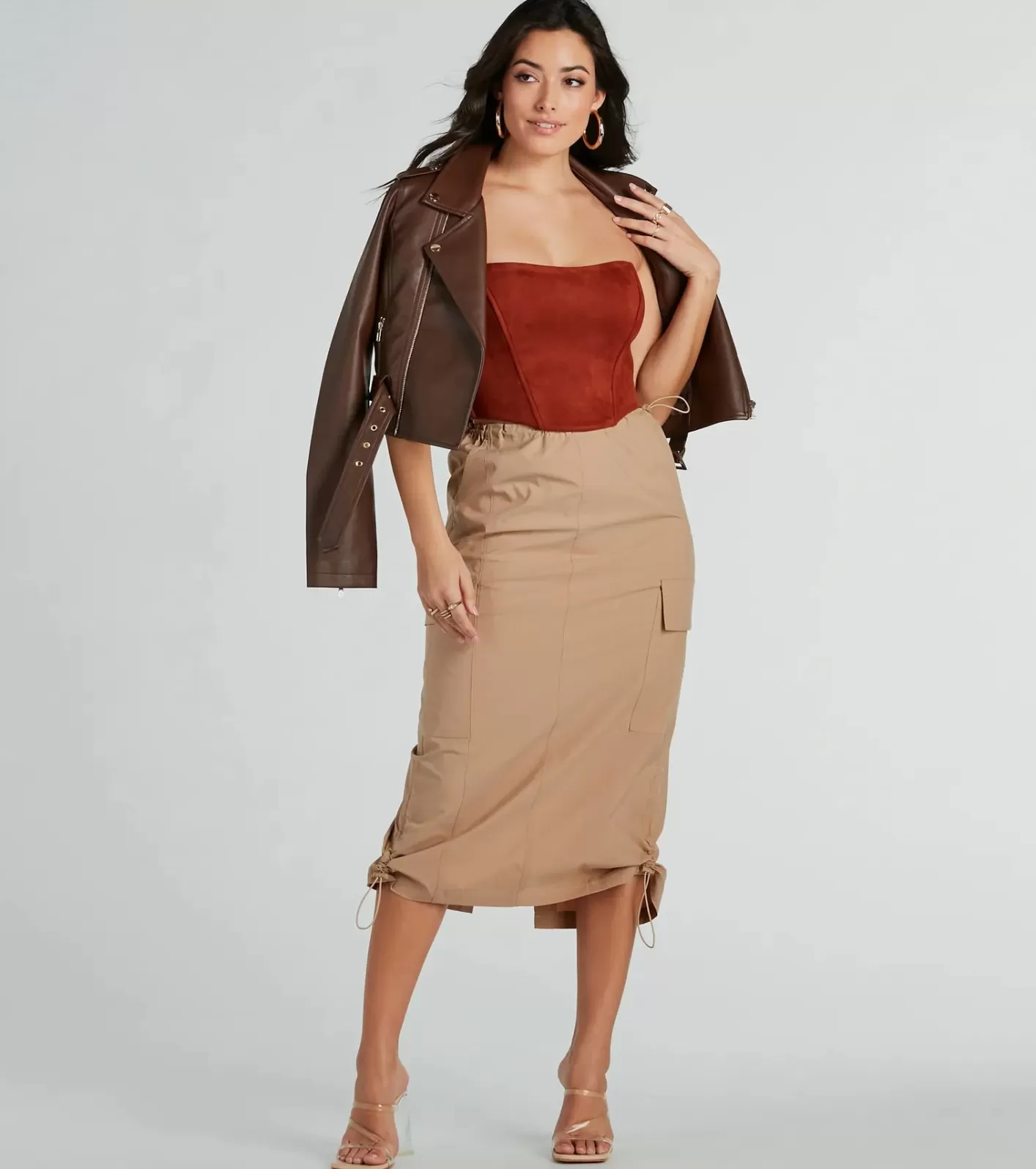 Windsor She's A Trendsetter Nylon Parachute Midi Skirt KHAKI Best